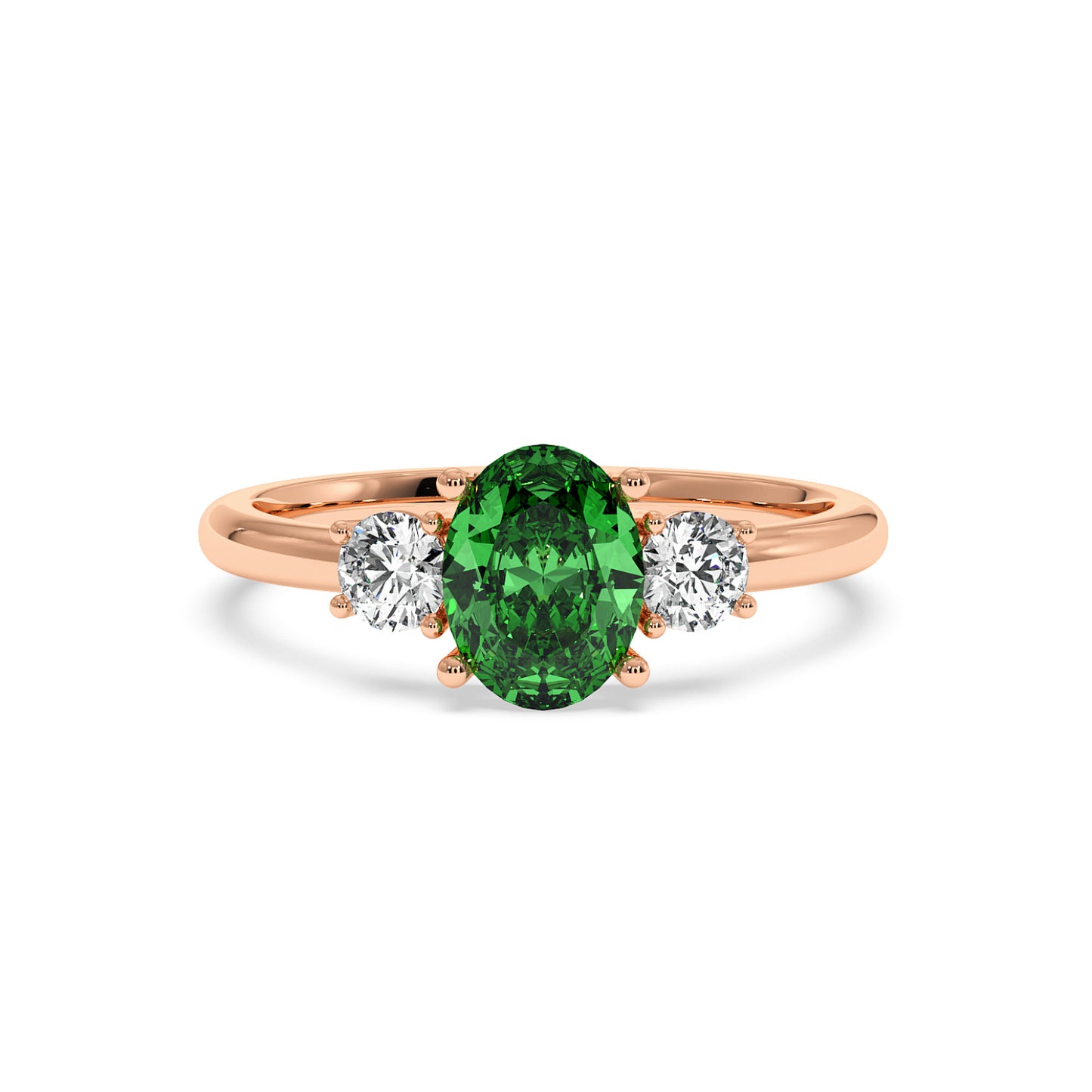 Rose gold 1.75CT green YAG ring with oval center gemstone flanked by two round diamonds. Elegant, luxurious design.