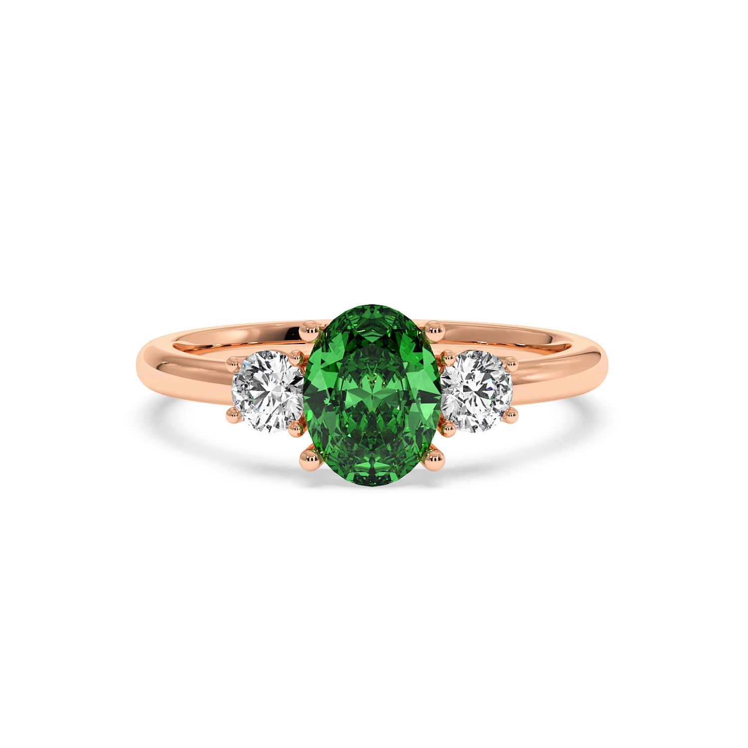 Rose gold 1.75CT green YAG ring with oval center gemstone flanked by two round diamonds. Elegant, luxurious design.