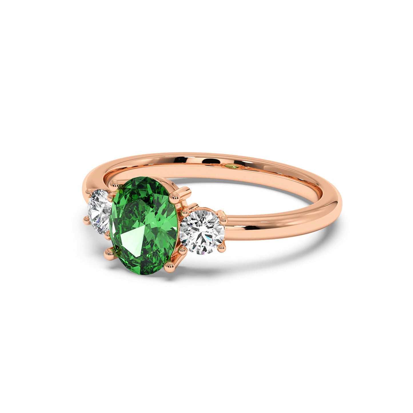 Rose gold 1.75CT green YAG ring with large oval center gemstone and two smaller round diamonds. Elegant, luxurious design, white background.