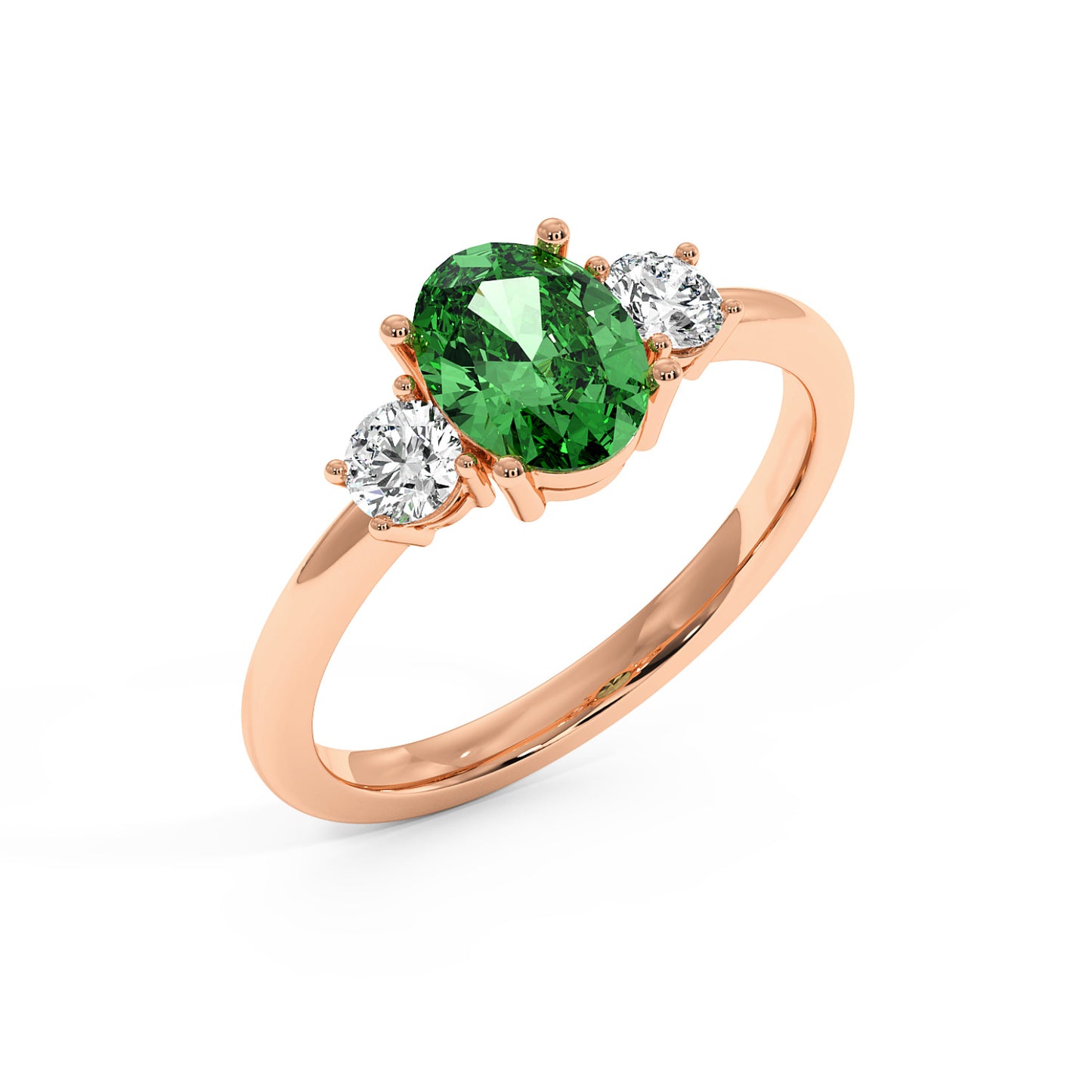 Top view of rose gold 1.75CT green YAG ring with large oval center gemstone and two smaller round diamonds. Elegant design.