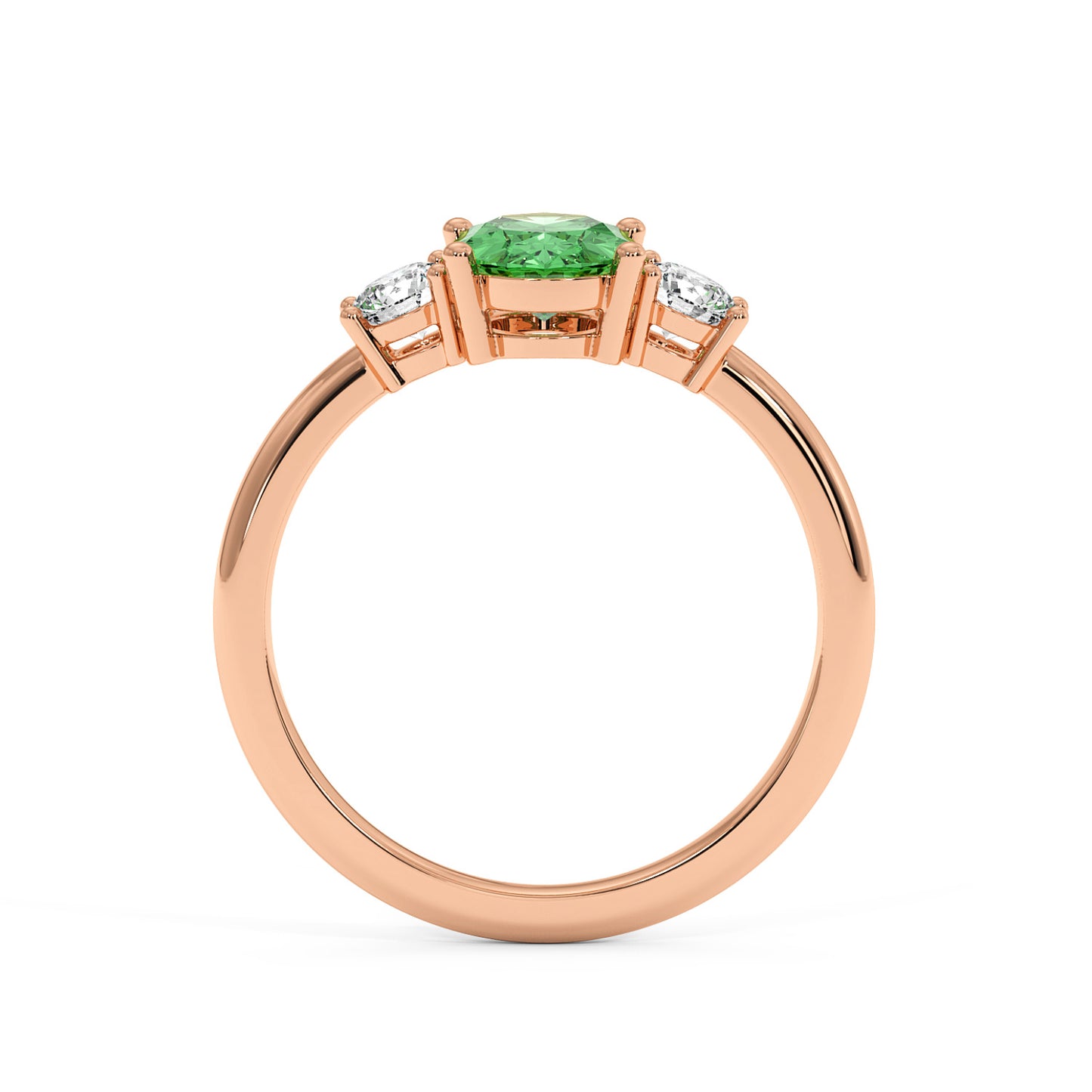 Rose gold 1.75CT green YAG ring with vibrant oval center gemstone and two round diamonds. Elegant, luxurious design, white background.