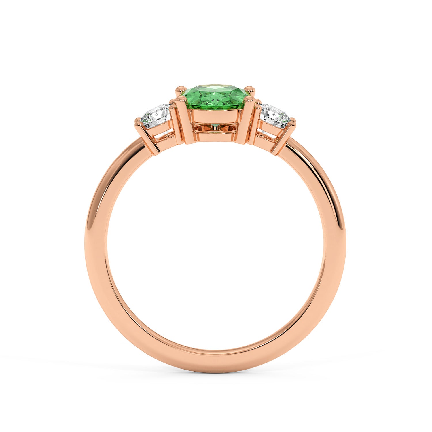 Rose gold 1.75CT green YAG ring with vibrant oval center gemstone and two round diamonds. Elegant, luxurious design, white background.