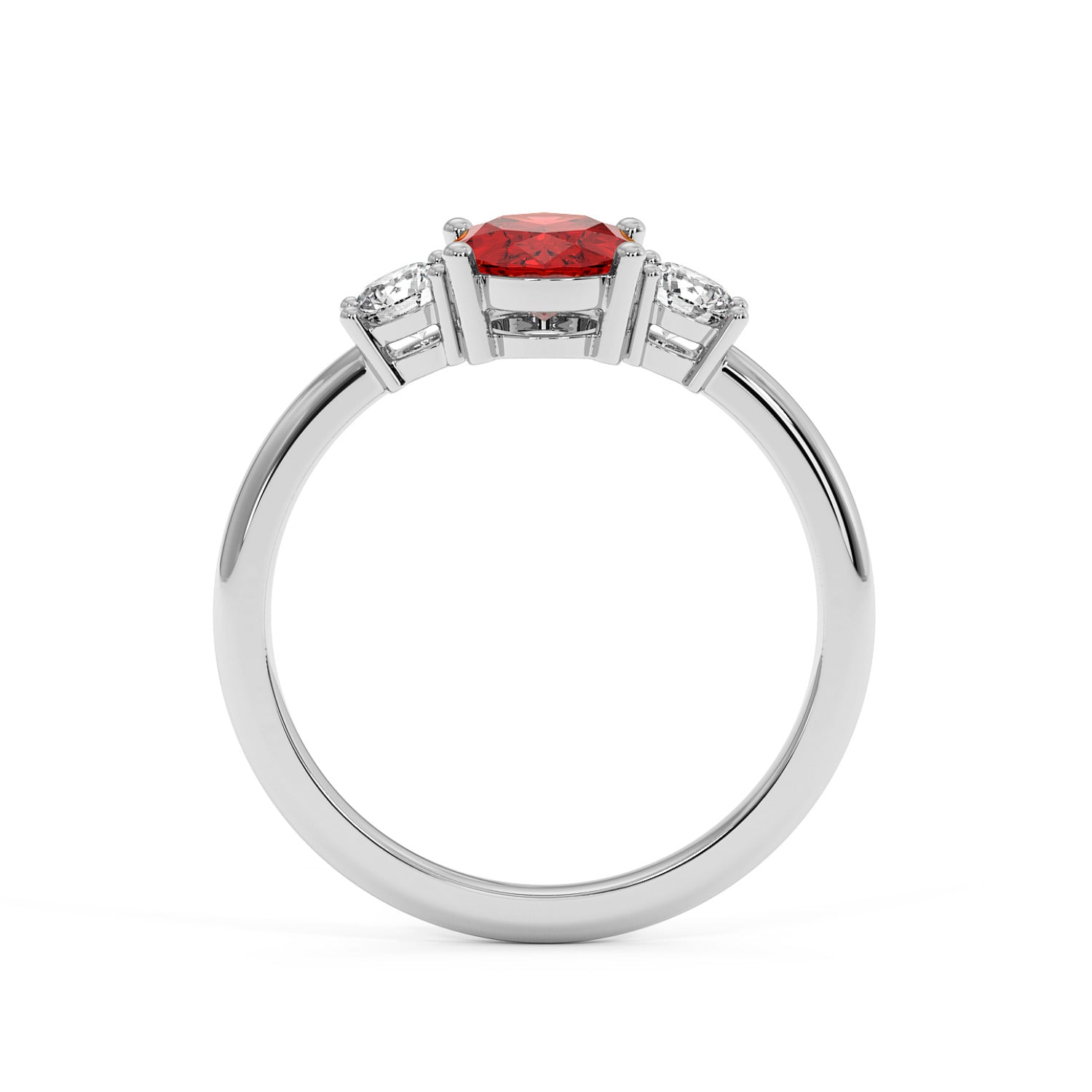 A 14k white gold ring with a central oval red gemstone flanked by two smaller clear stones. Elegant top view design on a white background.