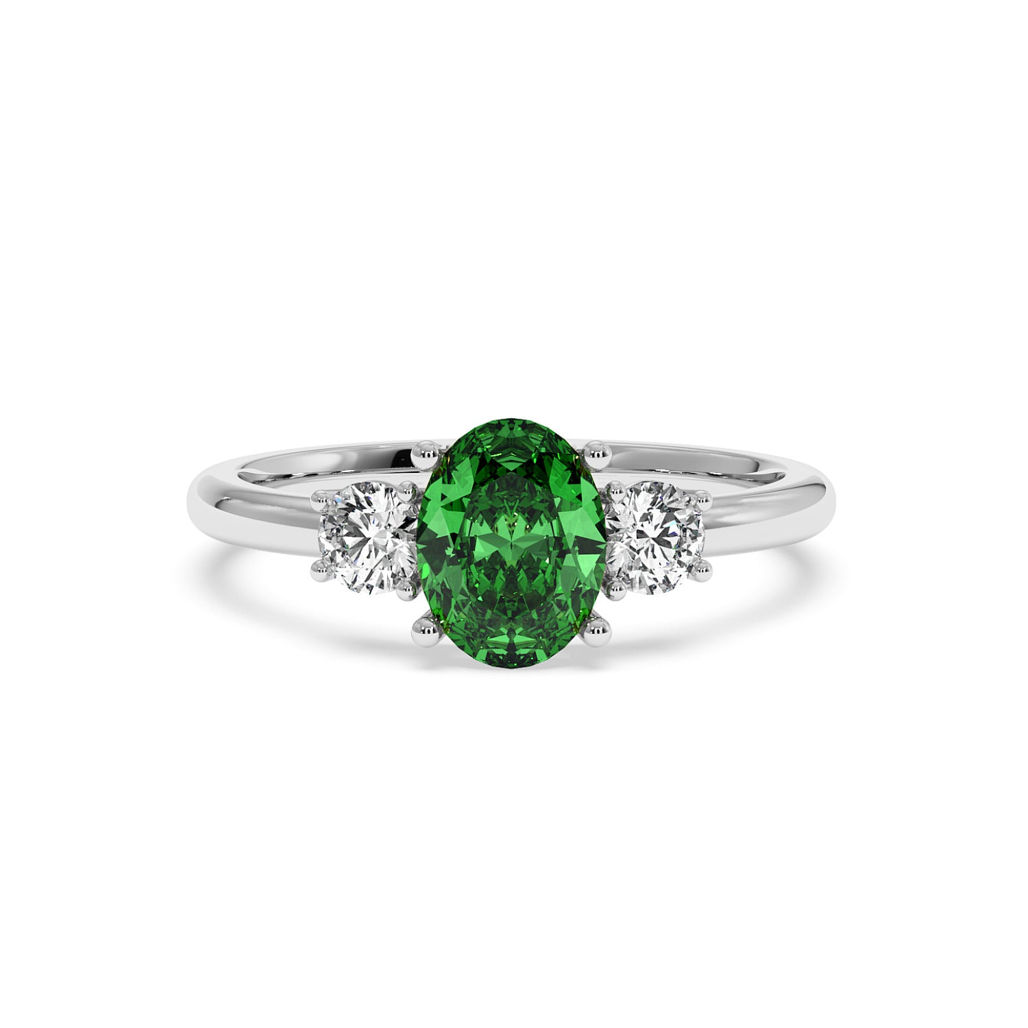 14k white gold 1.75CT Oval Green YAG ring with large oval center gemstone and two round diamonds. Elegant design.