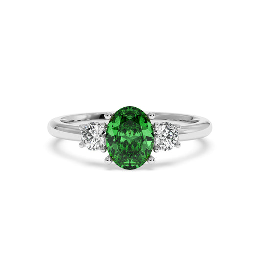 14k white gold 1.75CT Oval Green YAG ring with large oval center gemstone and two round diamonds. Elegant design.