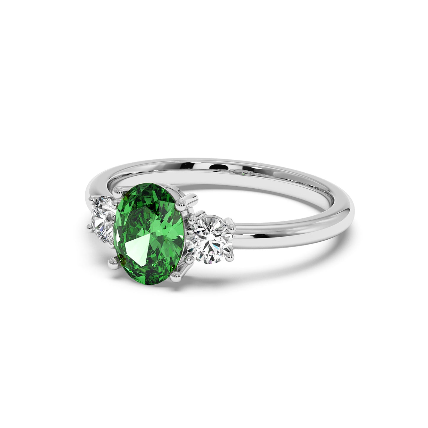 14k white gold 1.75CT Oval Green YAG ring with oval center gemstone and two small round diamonds. Elegant design, white background.