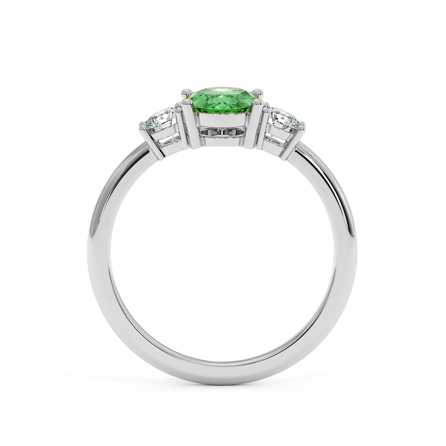 14k white gold 1.75CT Oval Green YAG ring with vivid green center gemstone and two smaller clear stones. Elegant design.