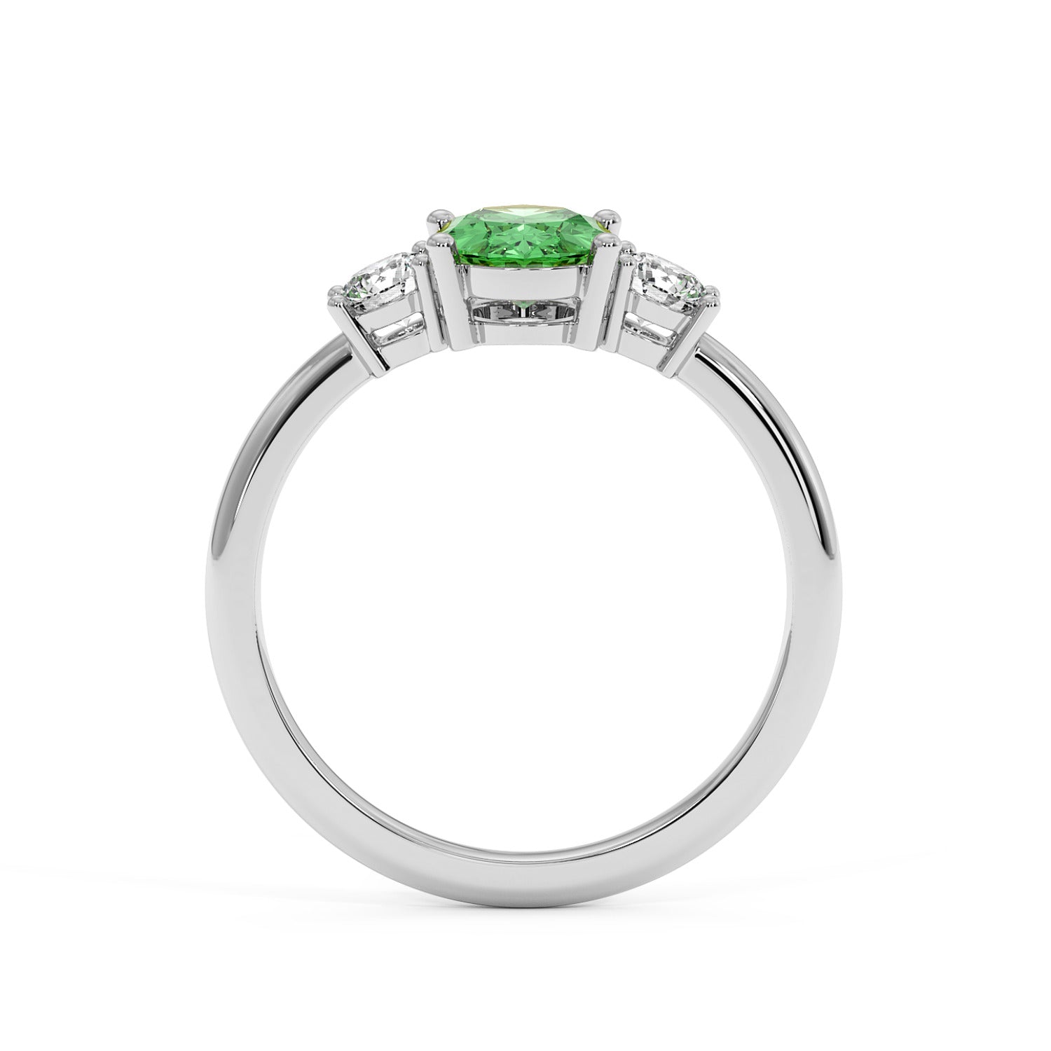 14k white gold 1.75CT Oval Green YAG ring with vivid green center gemstone and two smaller clear stones. Elegant design.