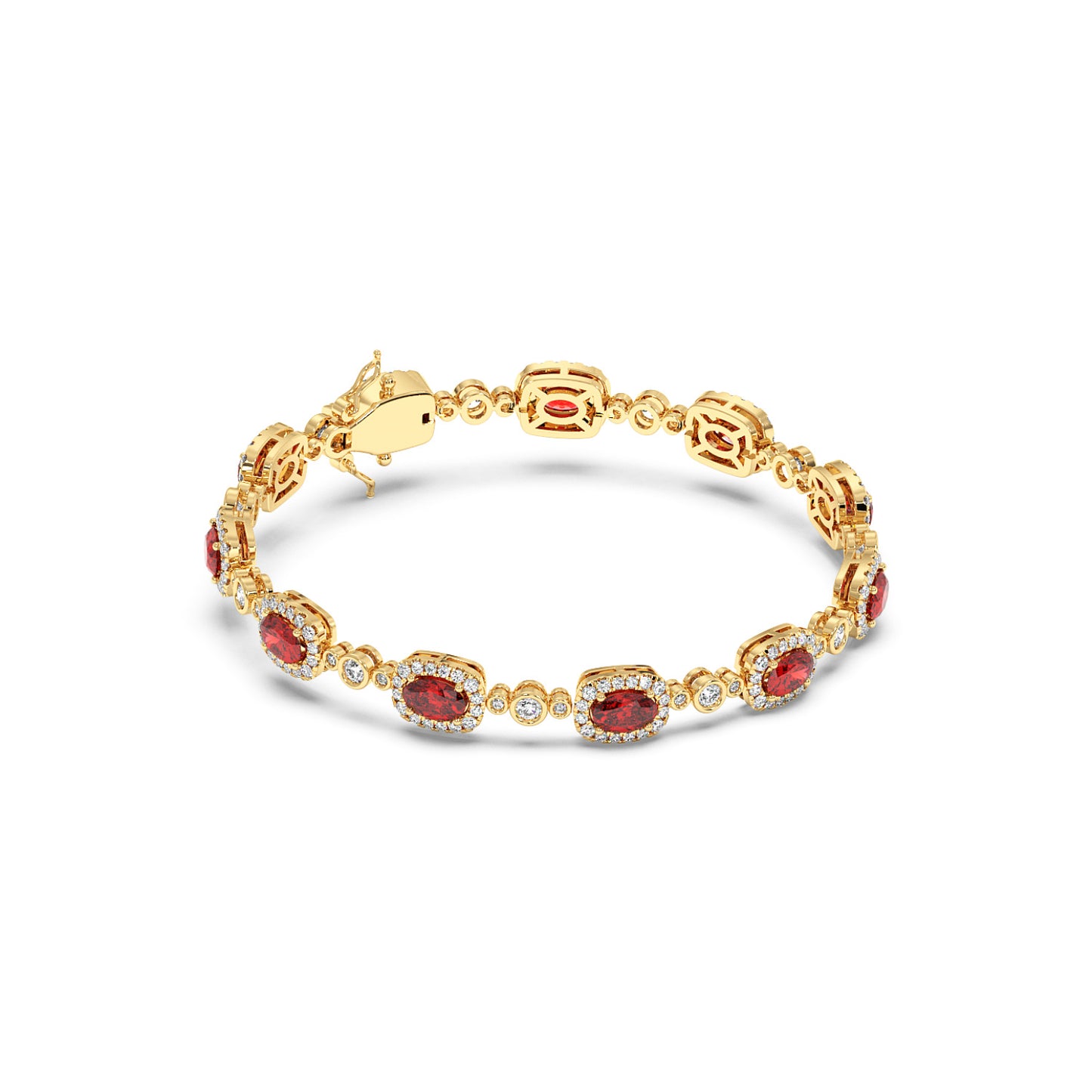 Elegant 14k gold bracelet: Oval red gemstones, each surrounded by small clear crystals, linked together.