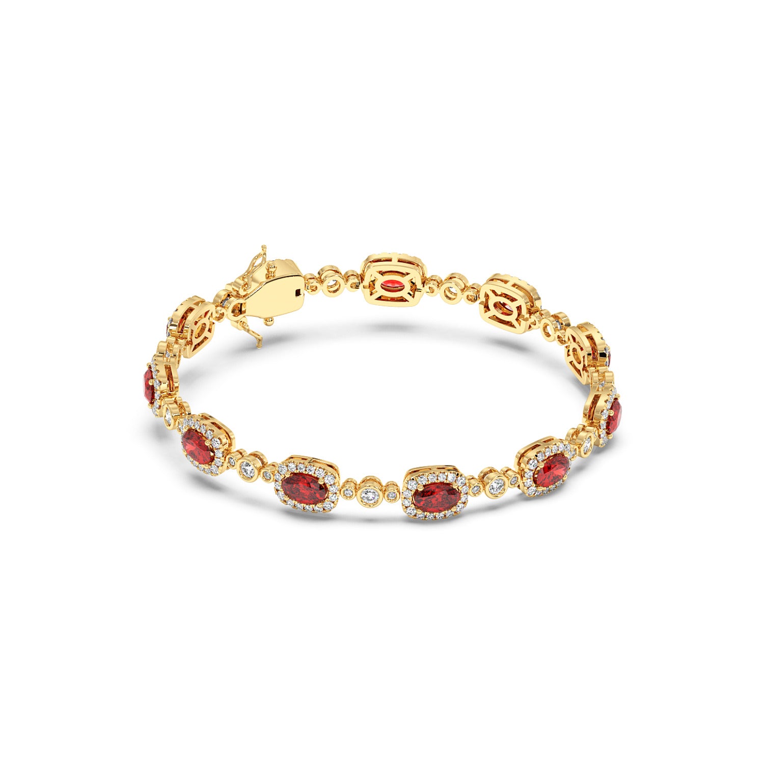 Elegant 14k gold bracelet: Oval red gemstones, each surrounded by small clear crystals, linked together.