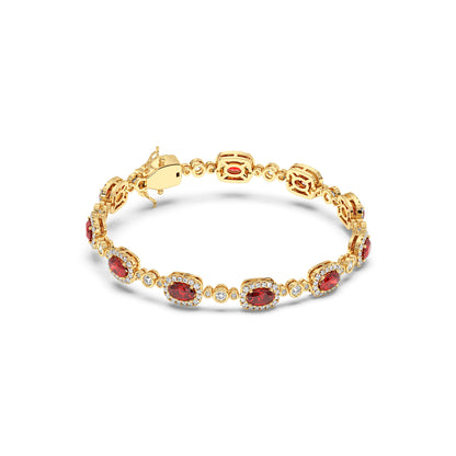 Elegant 14k gold bracelet: Oval red gemstones, each surrounded by small clear crystals, linked together.