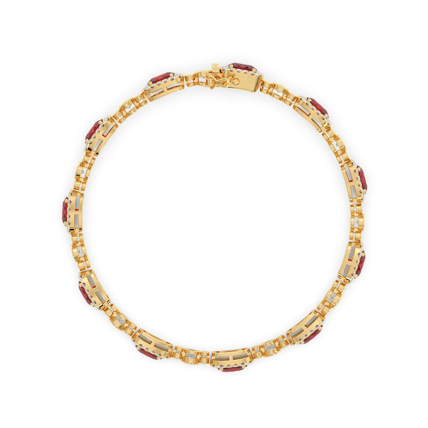 14k gold necklace: Ornate circular links featuring embedded red ruby and glittering accents.