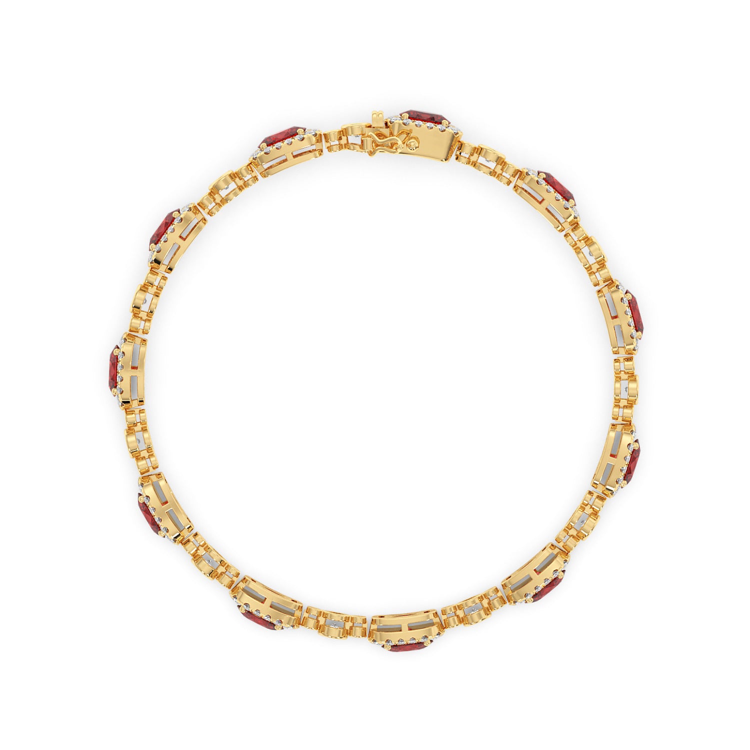 14k gold necklace: Ornate circular links featuring embedded red ruby and glittering accents.