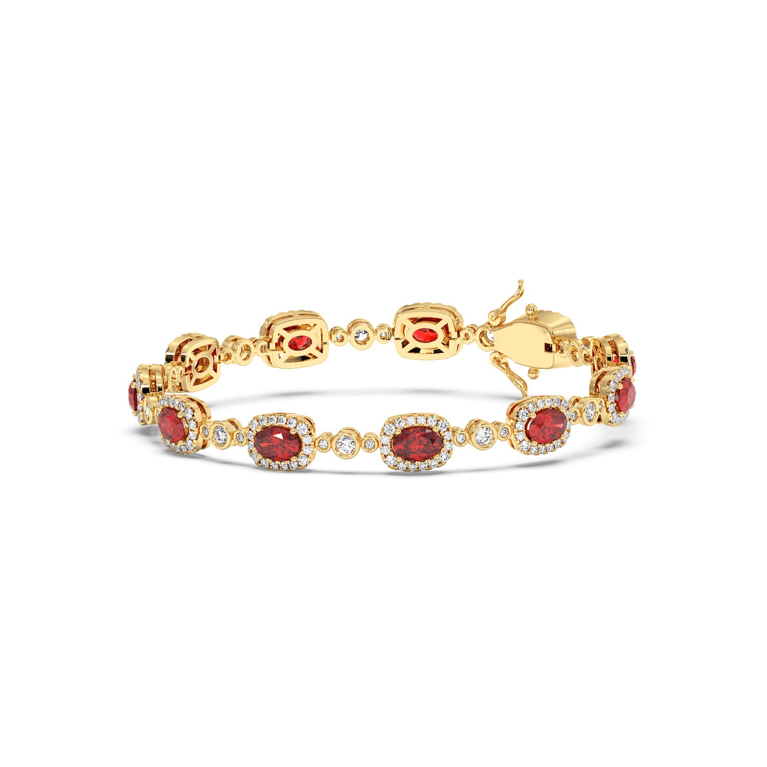Elegant 14k gold bracelet with oval red gemstones encircled by small clear stones.