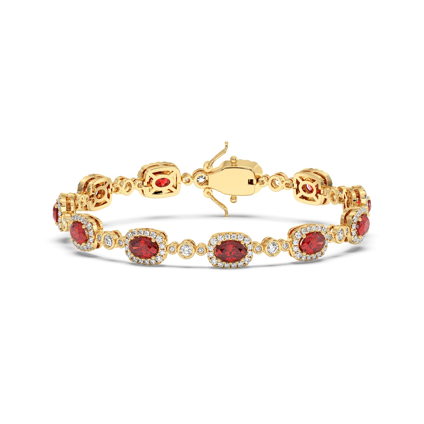 Elegant 14k gold bracelet with oval red gemstones, bordered by small diamonds.