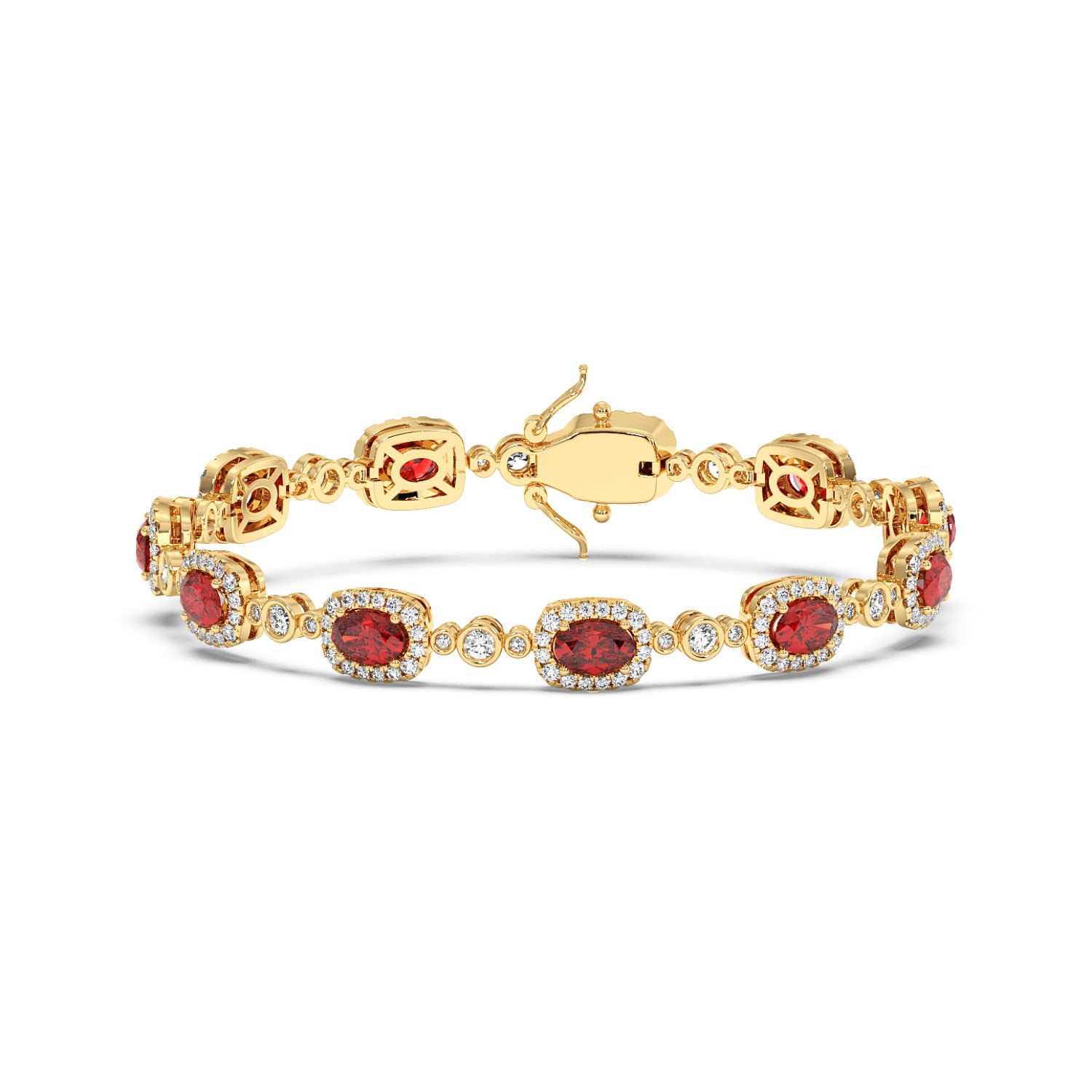 Elegant 14k gold bracelet with oval red gemstones, bordered by small diamonds.