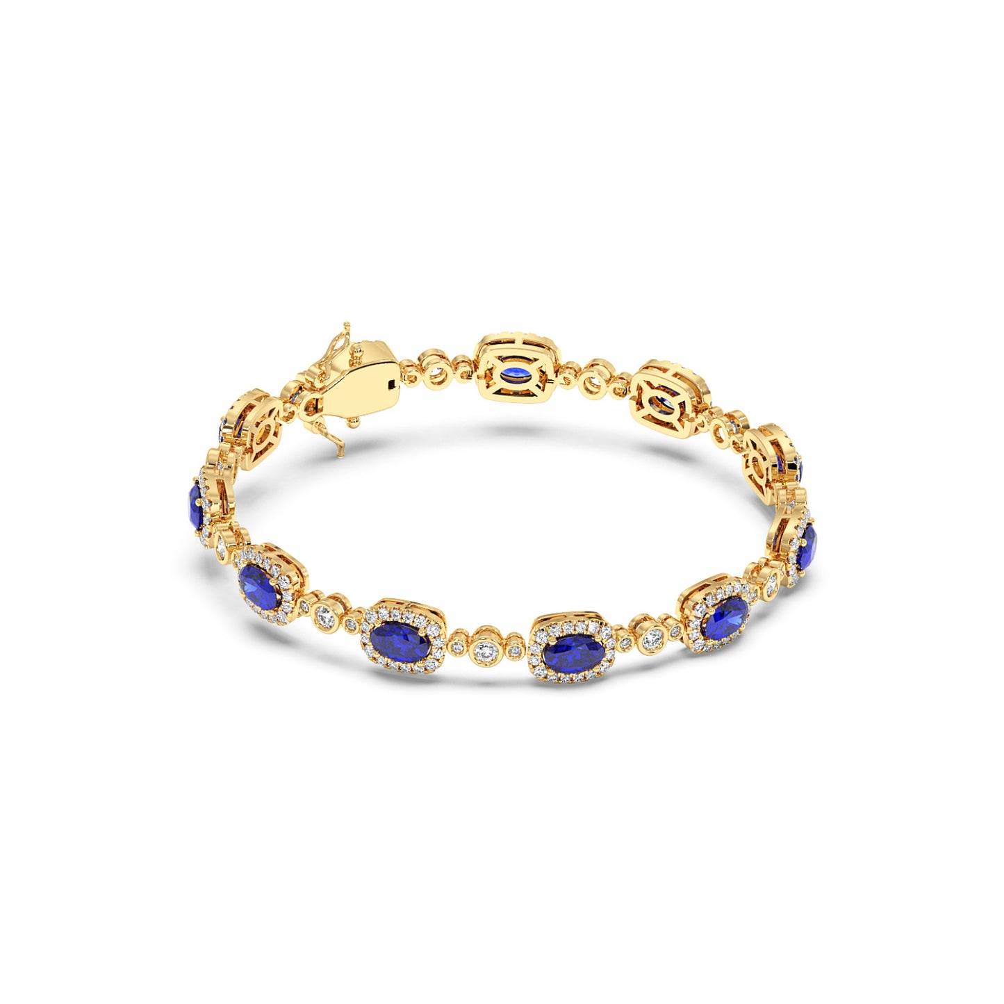 14k gold bracelet featuring oval blue sapphires surrounded by small diamonds, complete with an elegant clasp.