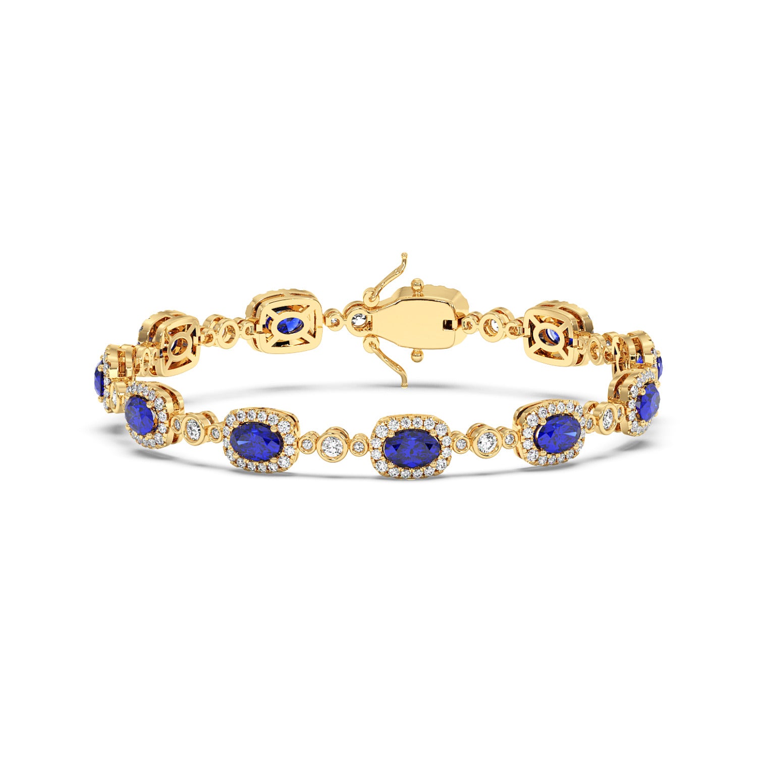 14k gold bracelet with oval blue sapphire stones surrounded by small diamonds in an intricate design.