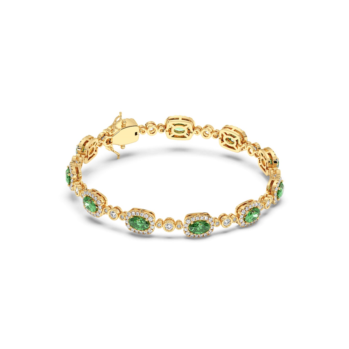 14k gold bracelet featuring oval emerald gemstones and small round diamonds, elegantly linked.