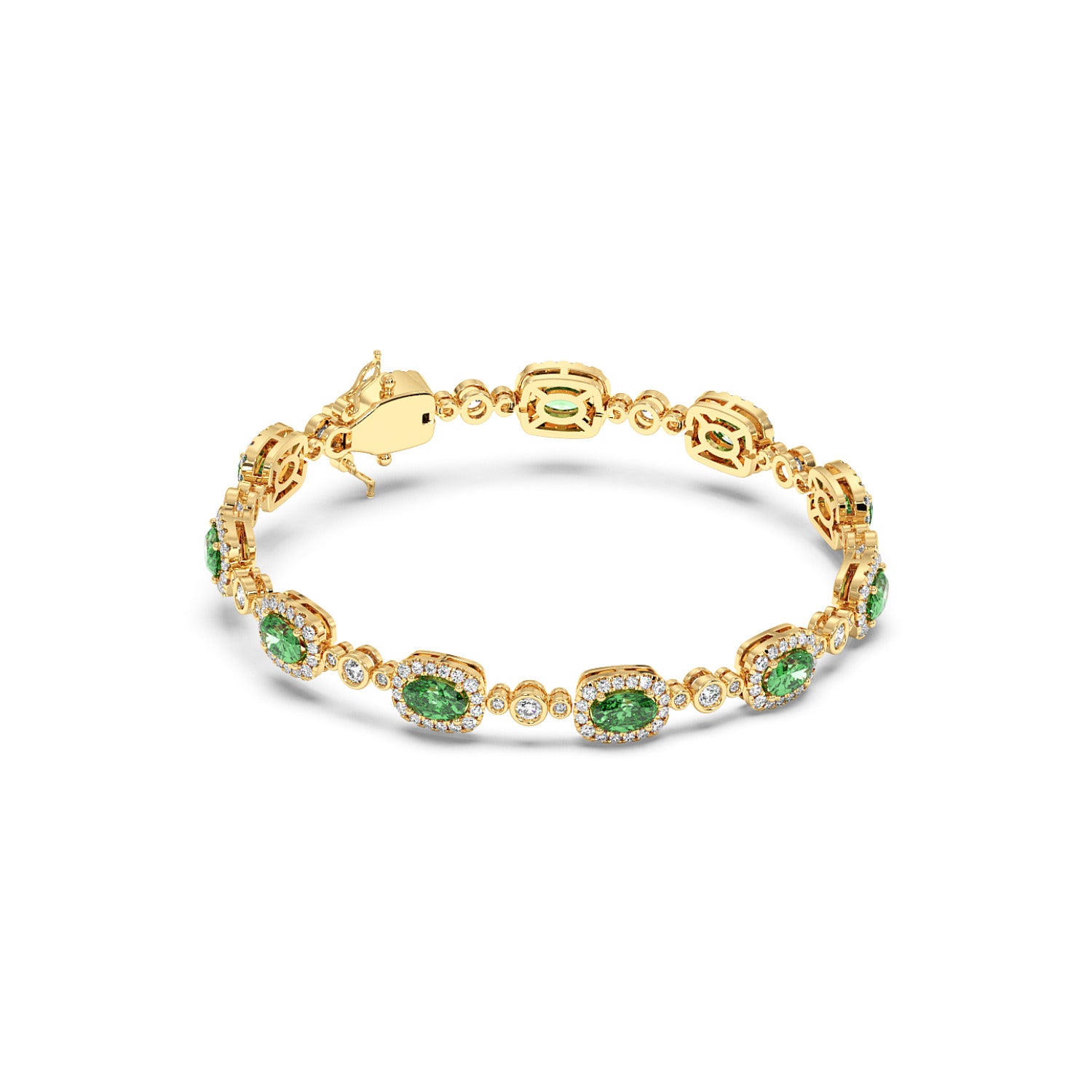 14k gold bracelet featuring oval emerald gemstones and small round diamonds, elegantly linked.