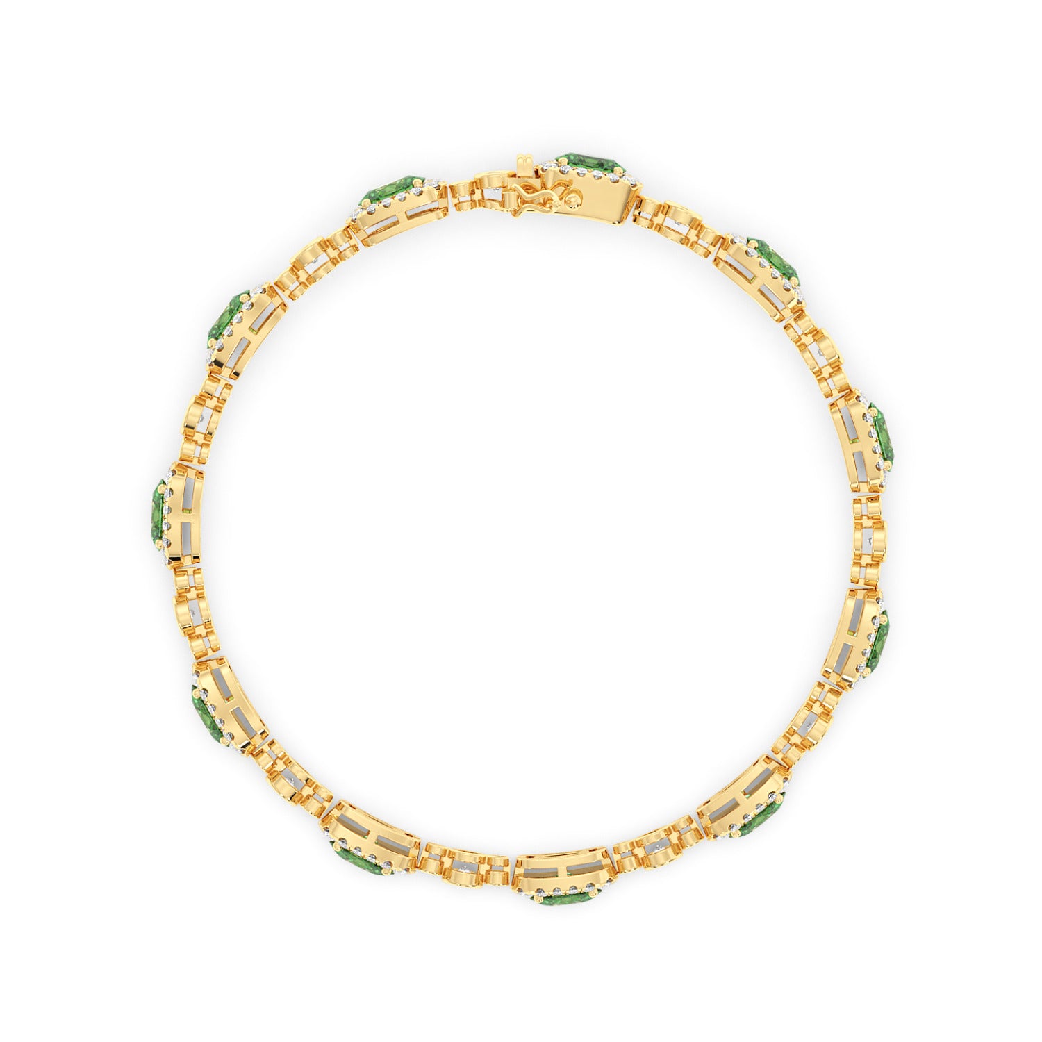 14k gold necklace with rectangular links adorned with emerald gemstones and small diamonds, forming a complete circle.