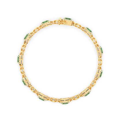 14k gold necklace with rectangular links adorned with emerald gemstones and small diamonds, forming a complete circle.