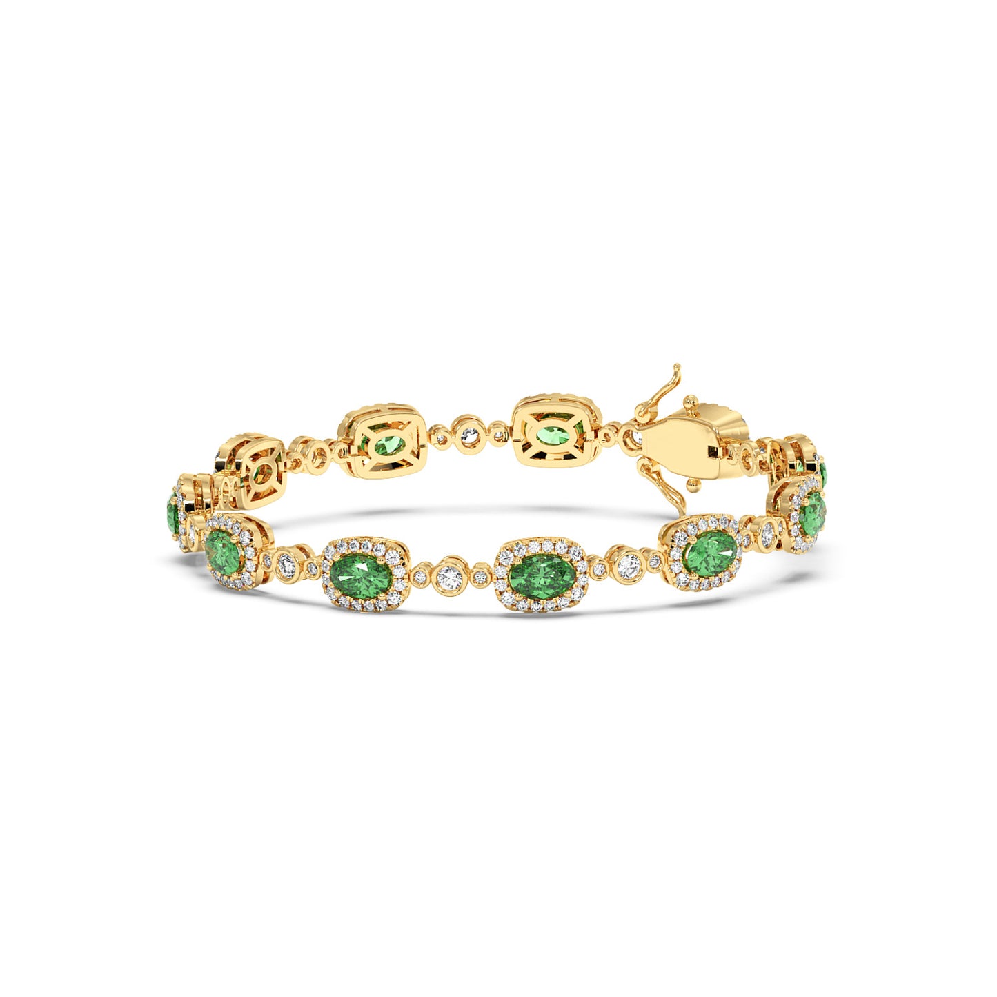 14k gold bracelet with oval emerald gemstones, each encircled by small white diamonds and elegantly linked.