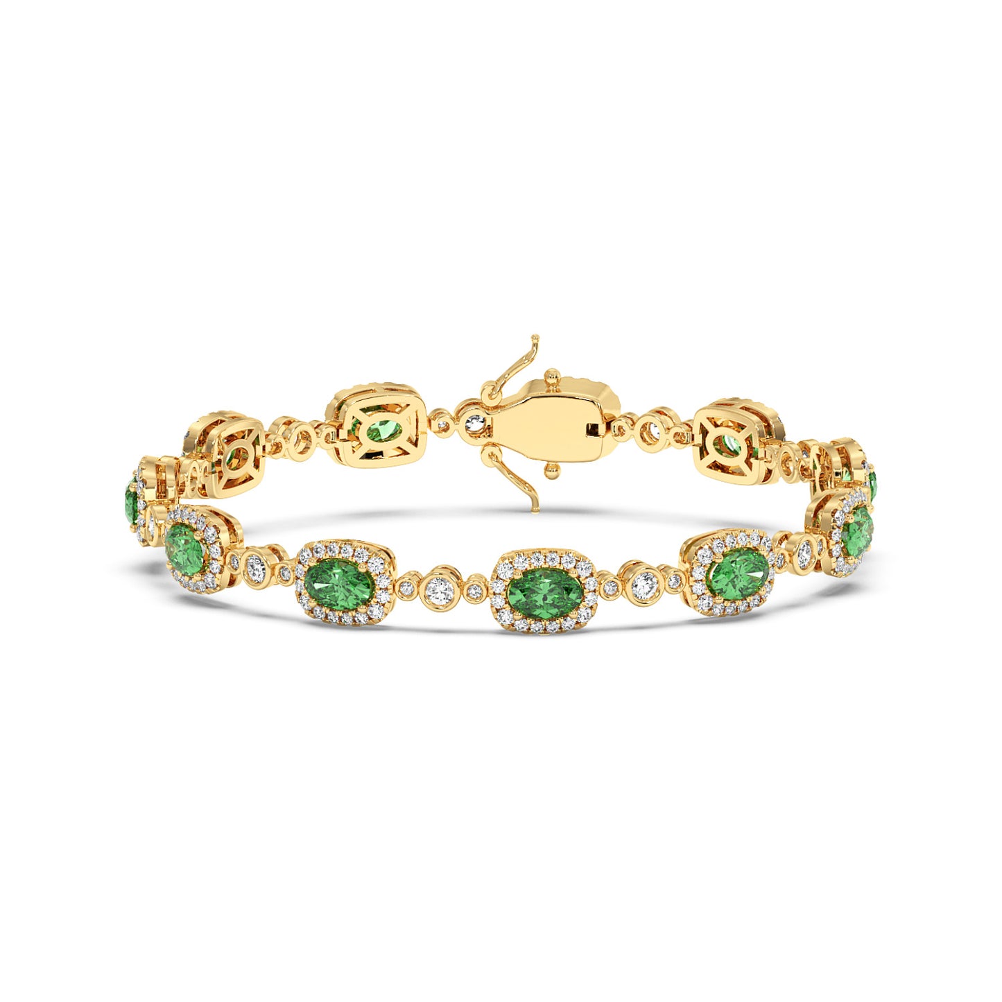 Elegant 14k gold bracelet with oval emerald gemstones surrounded by small white stones.