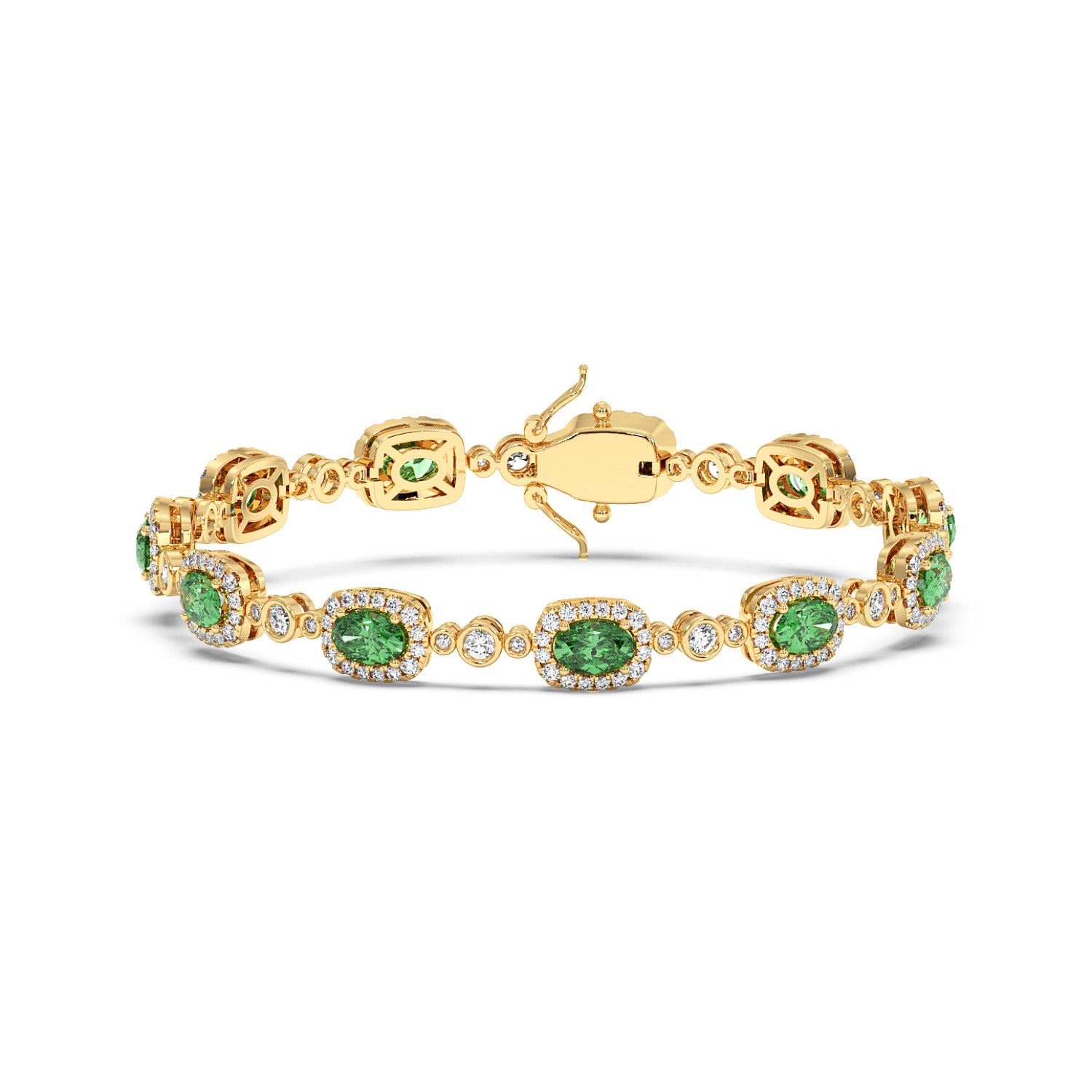 Elegant 14k gold bracelet with oval emerald gemstones surrounded by small white stones.