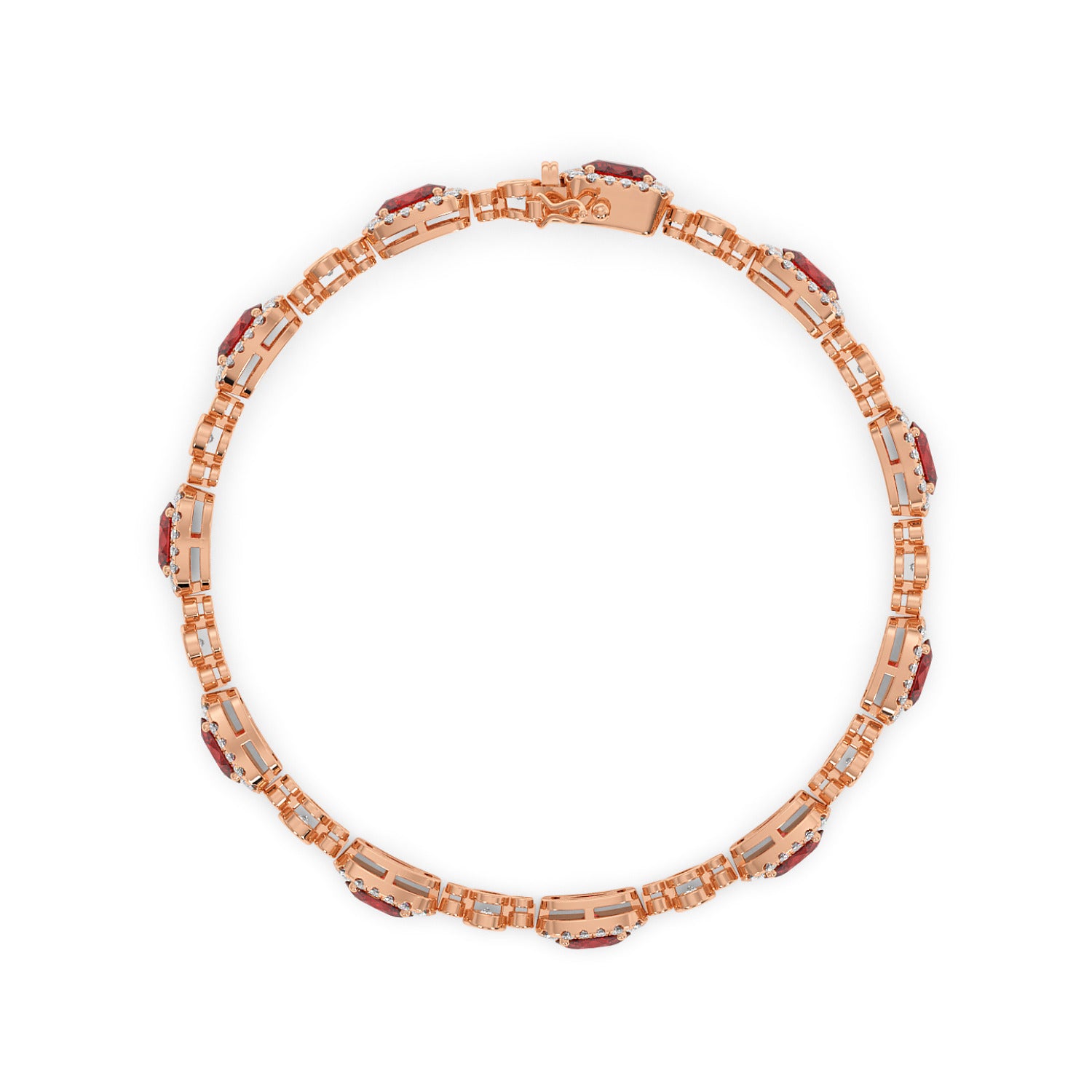 Elegant 14k rose gold bracelet with intricate links and ruby gemstone accents, evenly spaced around the band.