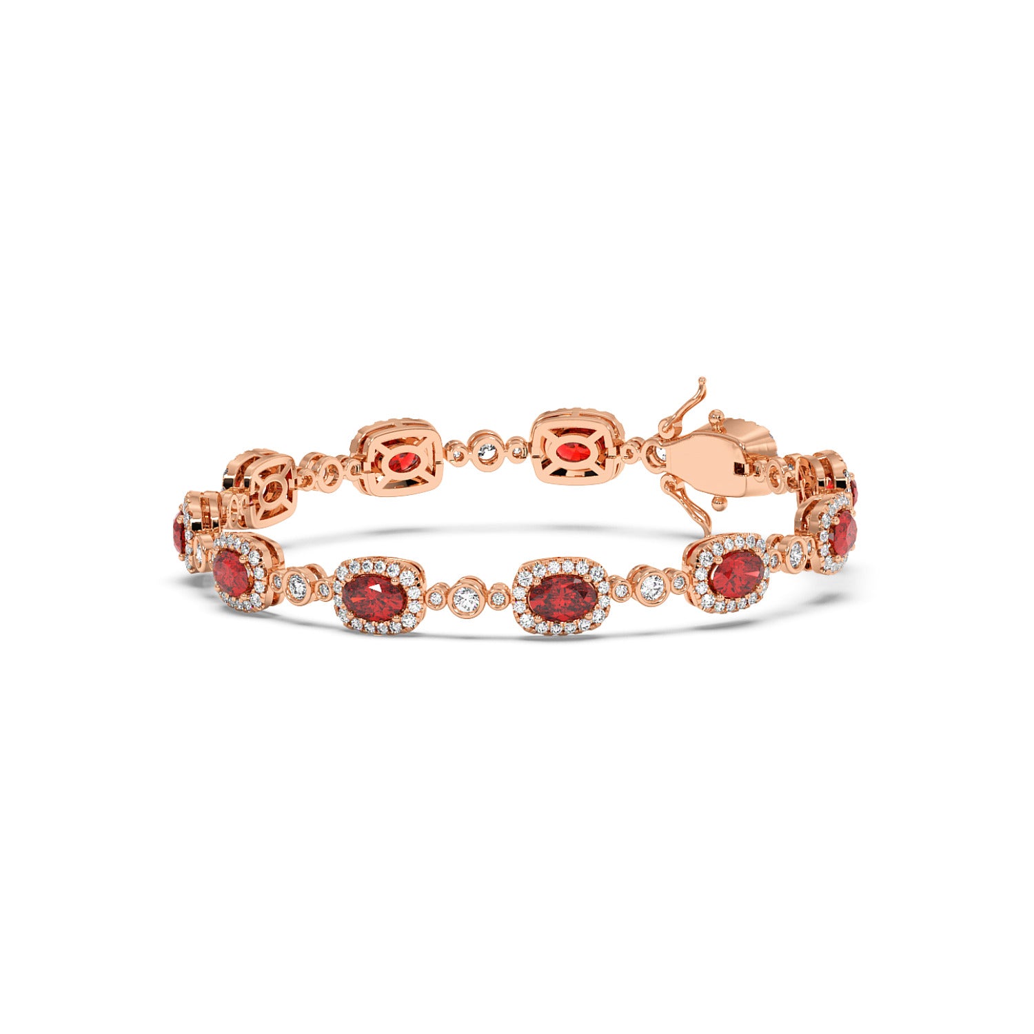 Elegant 14k rose gold bracelet with oval ruby gemstones encircled by small diamonds.