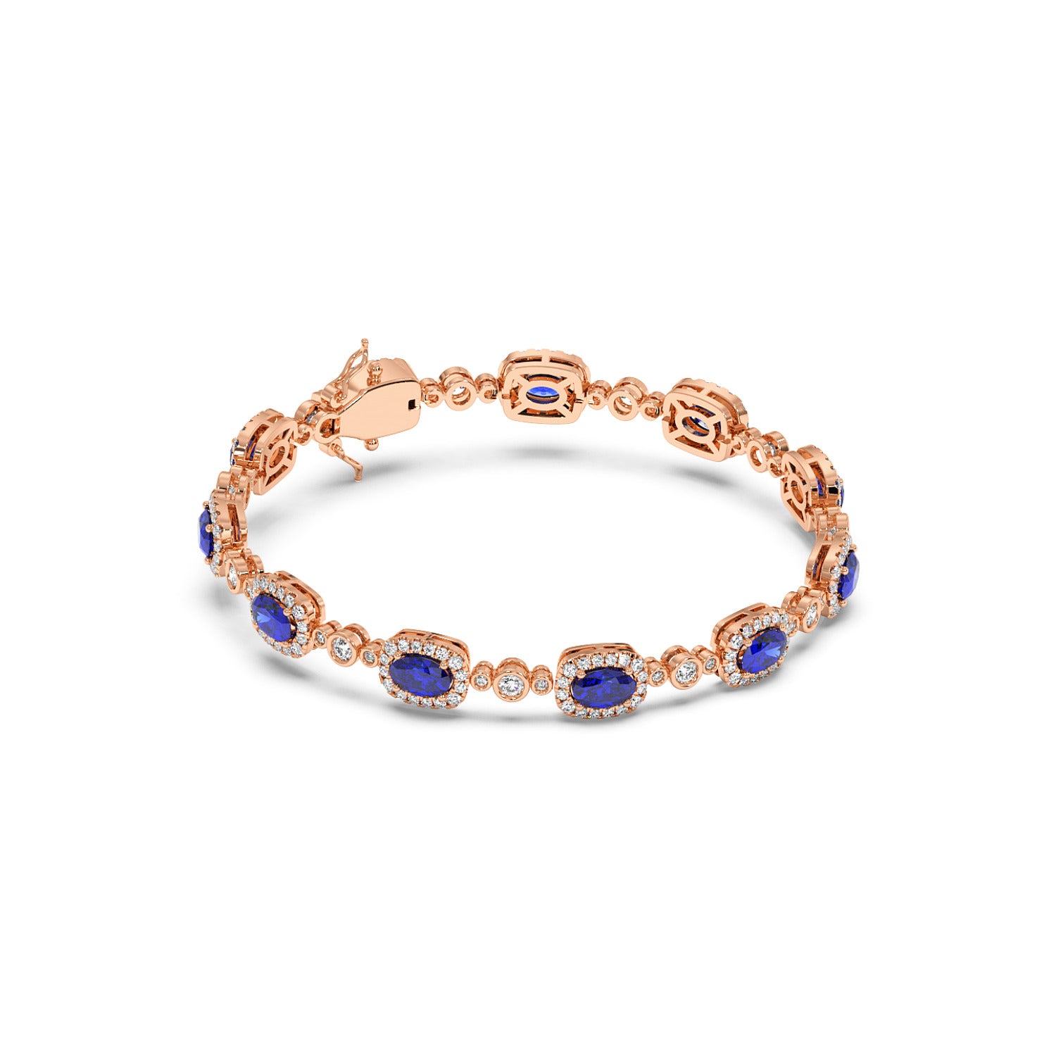 14k rose gold bracelet with oval blue sapphires encircled by small diamonds, linked delicately.