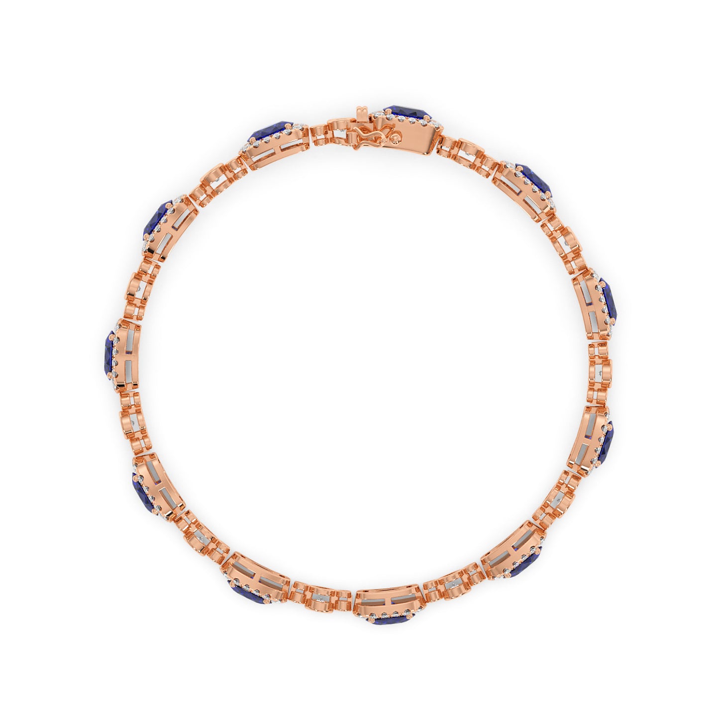 14k rose gold bracelet with intricate links, adorned with blue sapphire and white gemstones in a circular pattern.