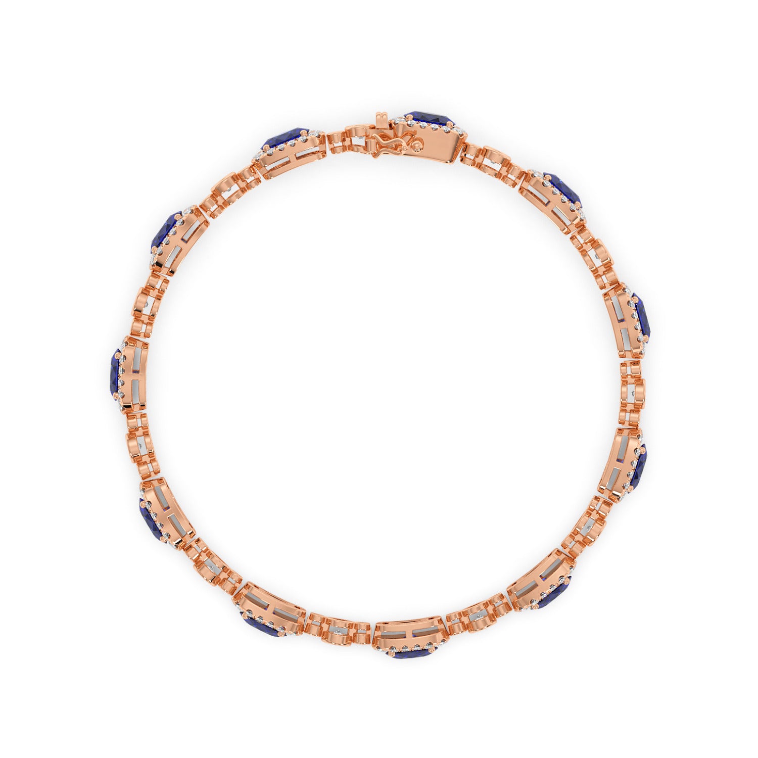 14k rose gold bracelet with intricate links, adorned with blue sapphire and white gemstones in a circular pattern.