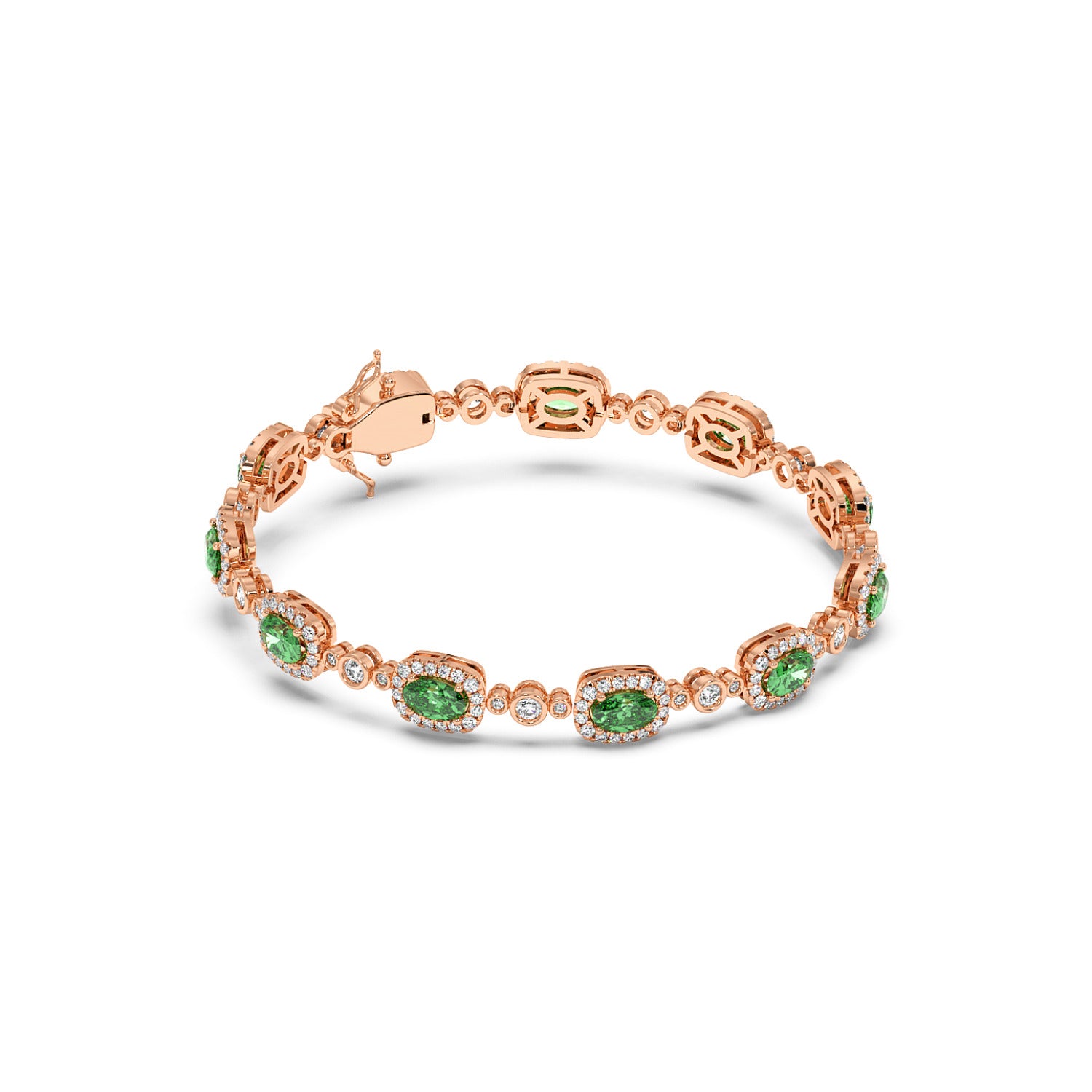 A 14k rose gold bracelet with an elegant pattern of alternating small blocks and emerald gemstones.