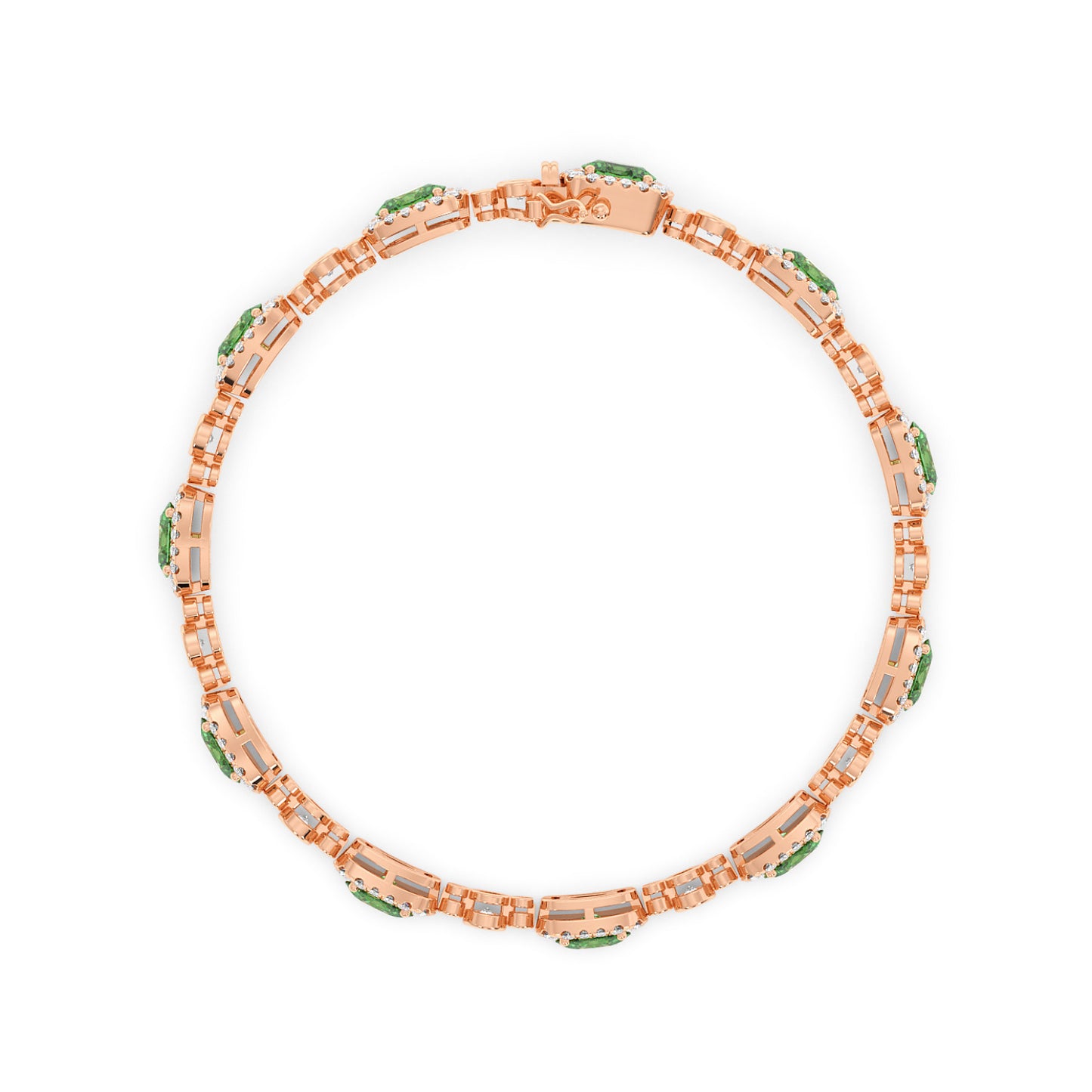 Elegant 14k rose gold bracelet with oval emerald gemstones surrounded by small diamonds.