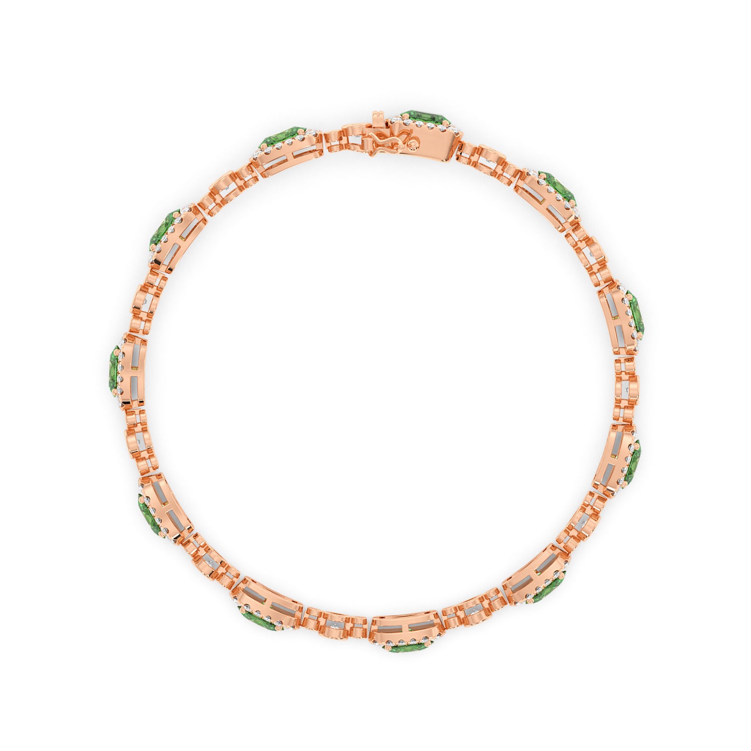 Elegant 14k rose gold bracelet with oval emerald gemstones surrounded by small diamonds.