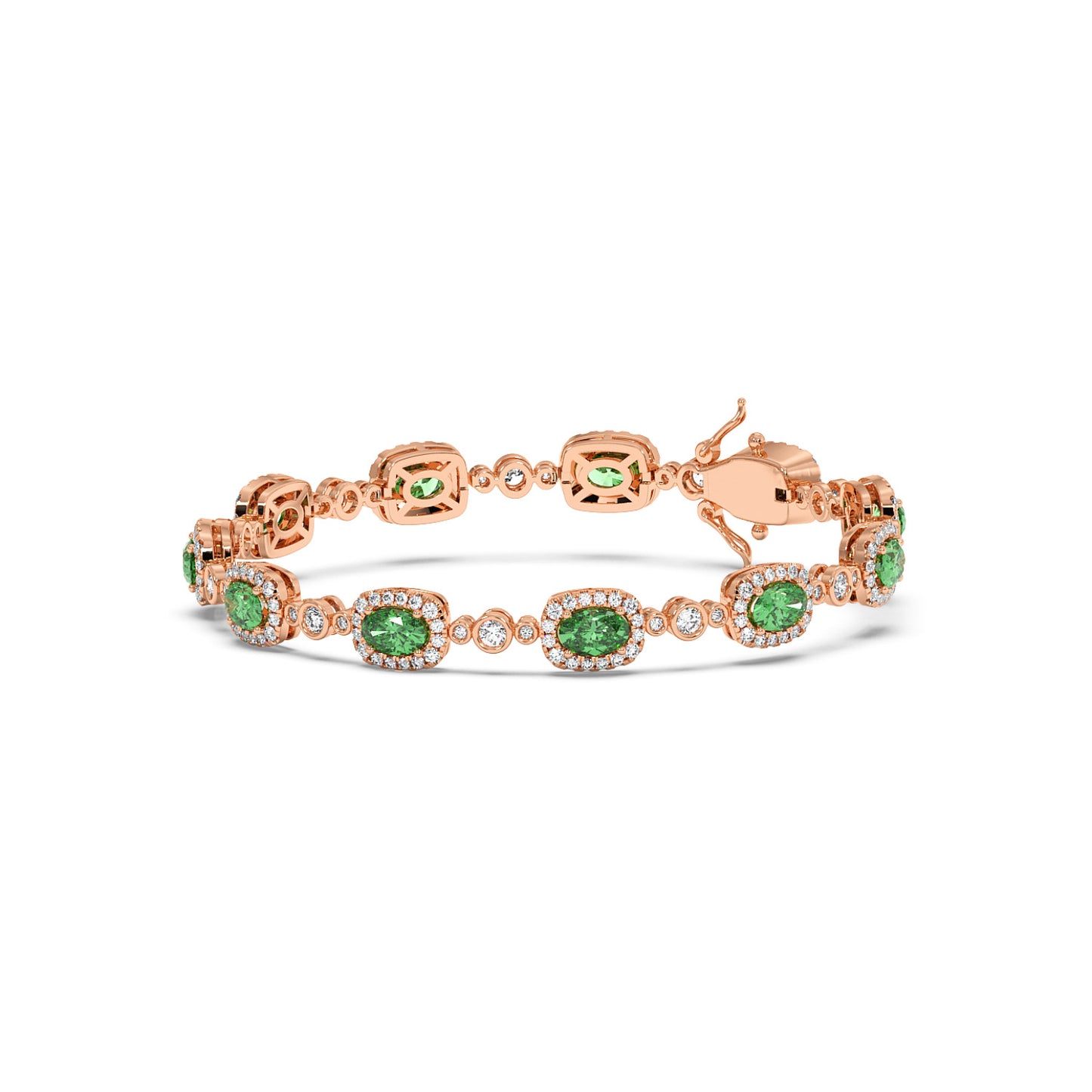A 14k rose gold bracelet with oval emeralds surrounded by small diamonds, linked elegantly in a delicate pattern.