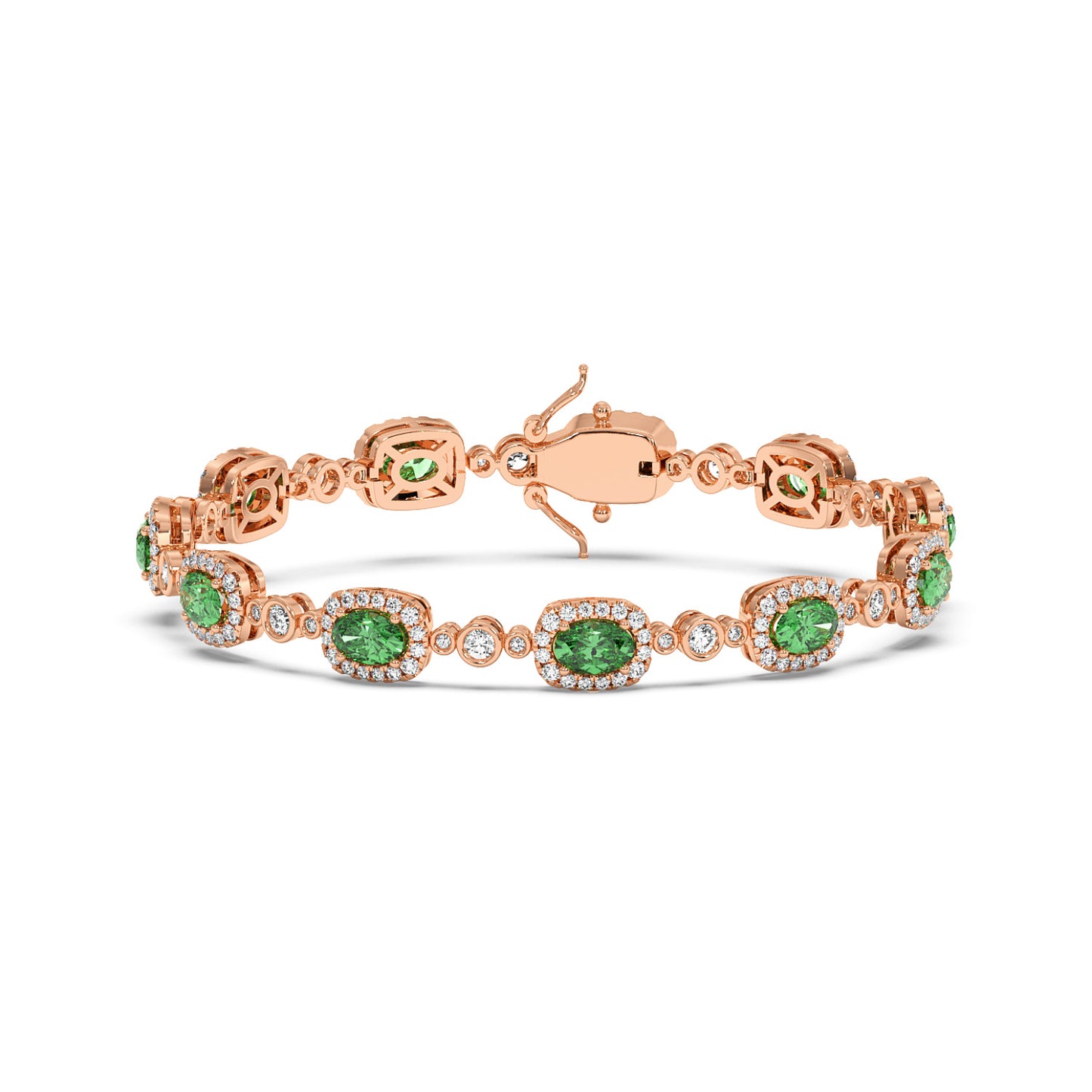 14k rose gold bracelet with oval emeralds encircled by tiny diamonds in an elegant, refined pattern.