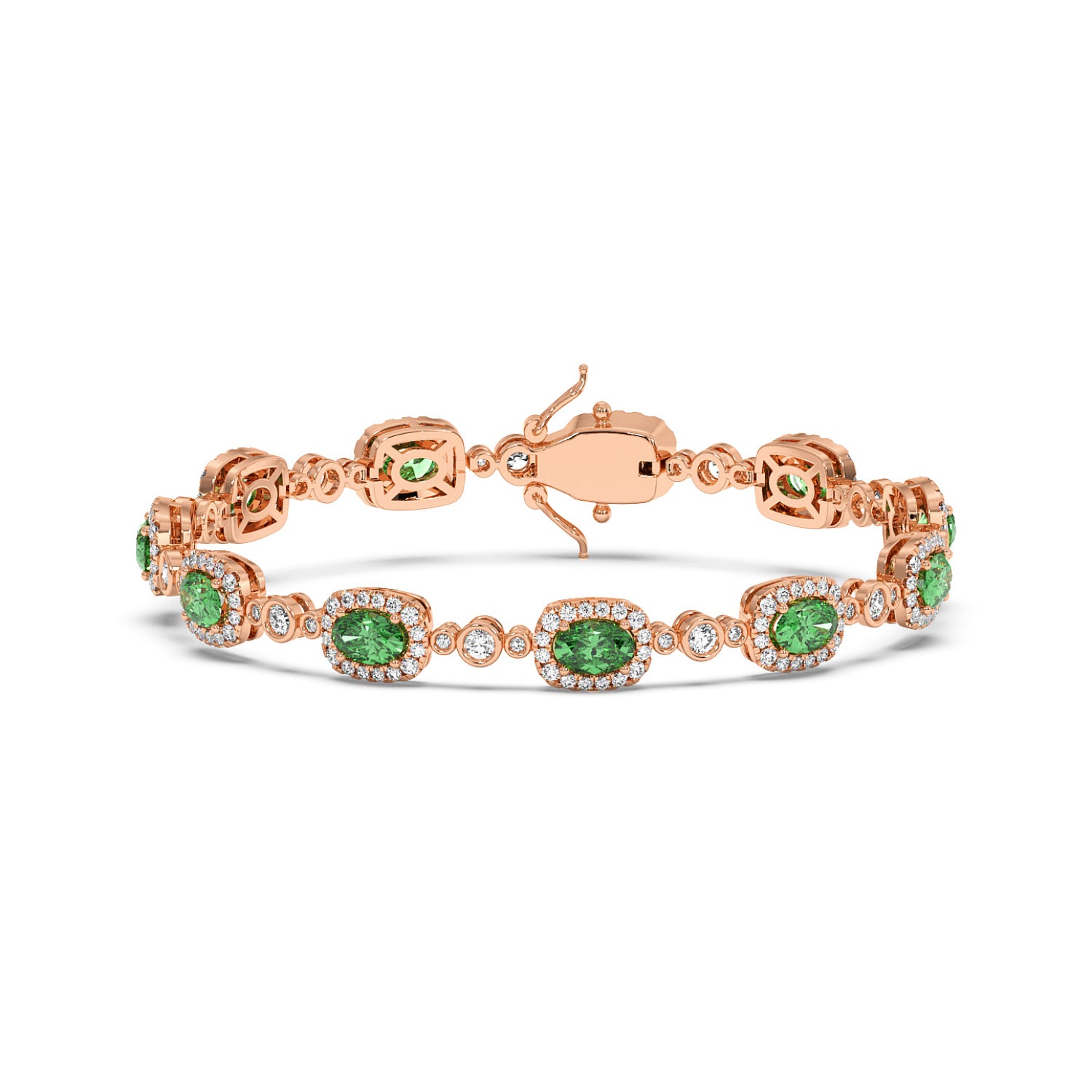14k rose gold bracelet with oval emeralds encircled by tiny diamonds in an elegant, refined pattern.