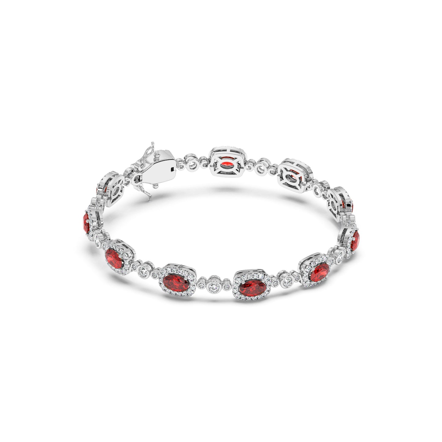 A 14k white gold bracelet adorned with oval ruby gemstones and small circular diamonds in an alternating pattern.