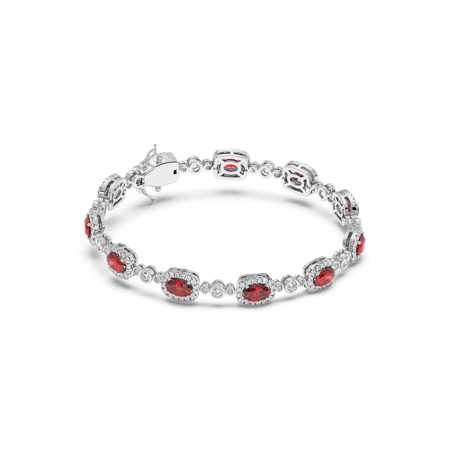 A 14k white gold bracelet adorned with oval ruby gemstones and small circular diamonds in an alternating pattern.