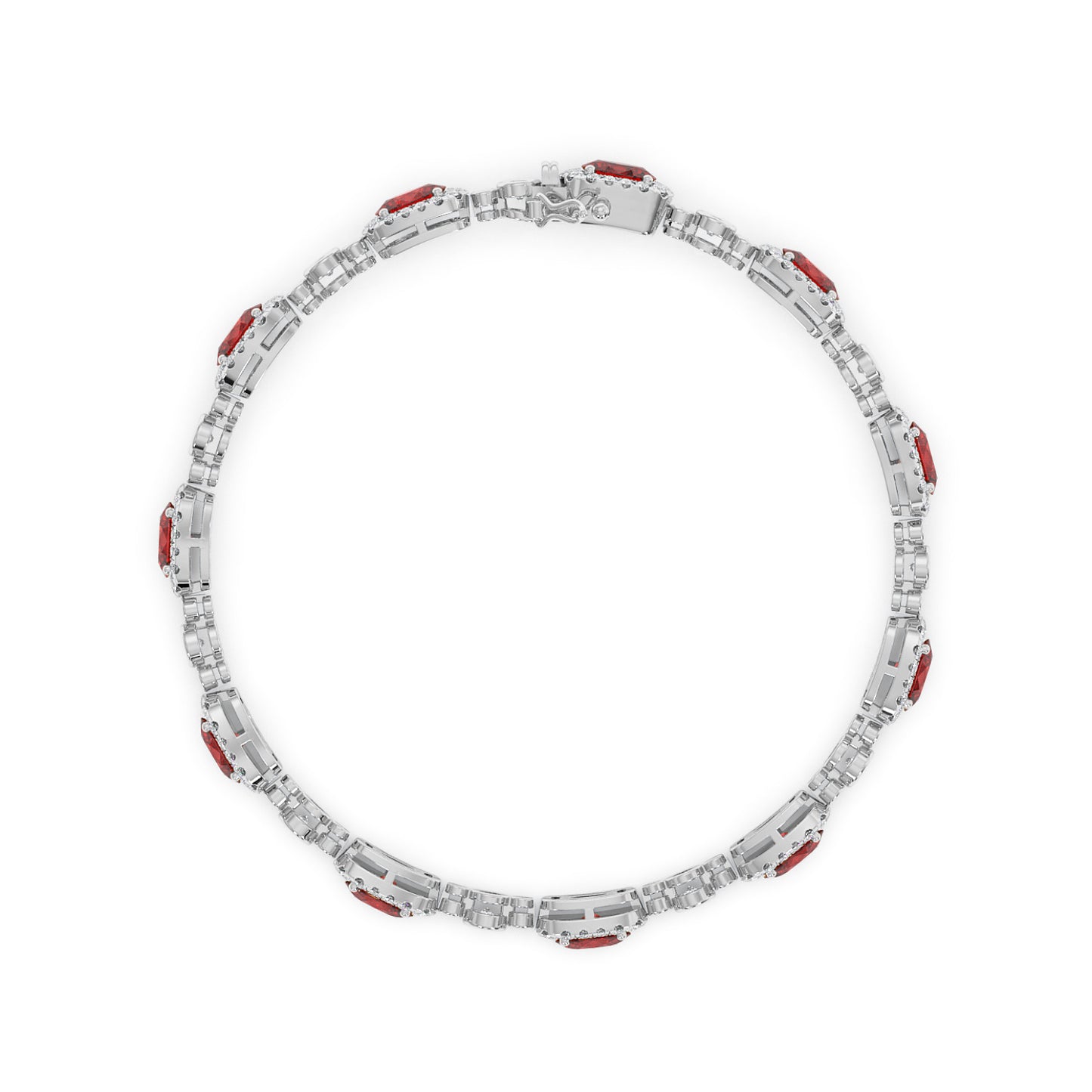 14k white gold bracelet with evenly spaced ruby gemstones set in a circular arrangement.