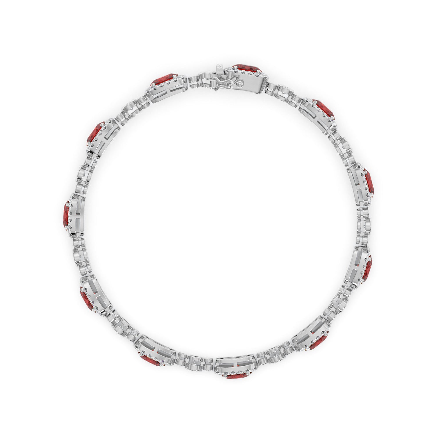 14k white gold bracelet with evenly spaced ruby gemstones set in a circular arrangement.