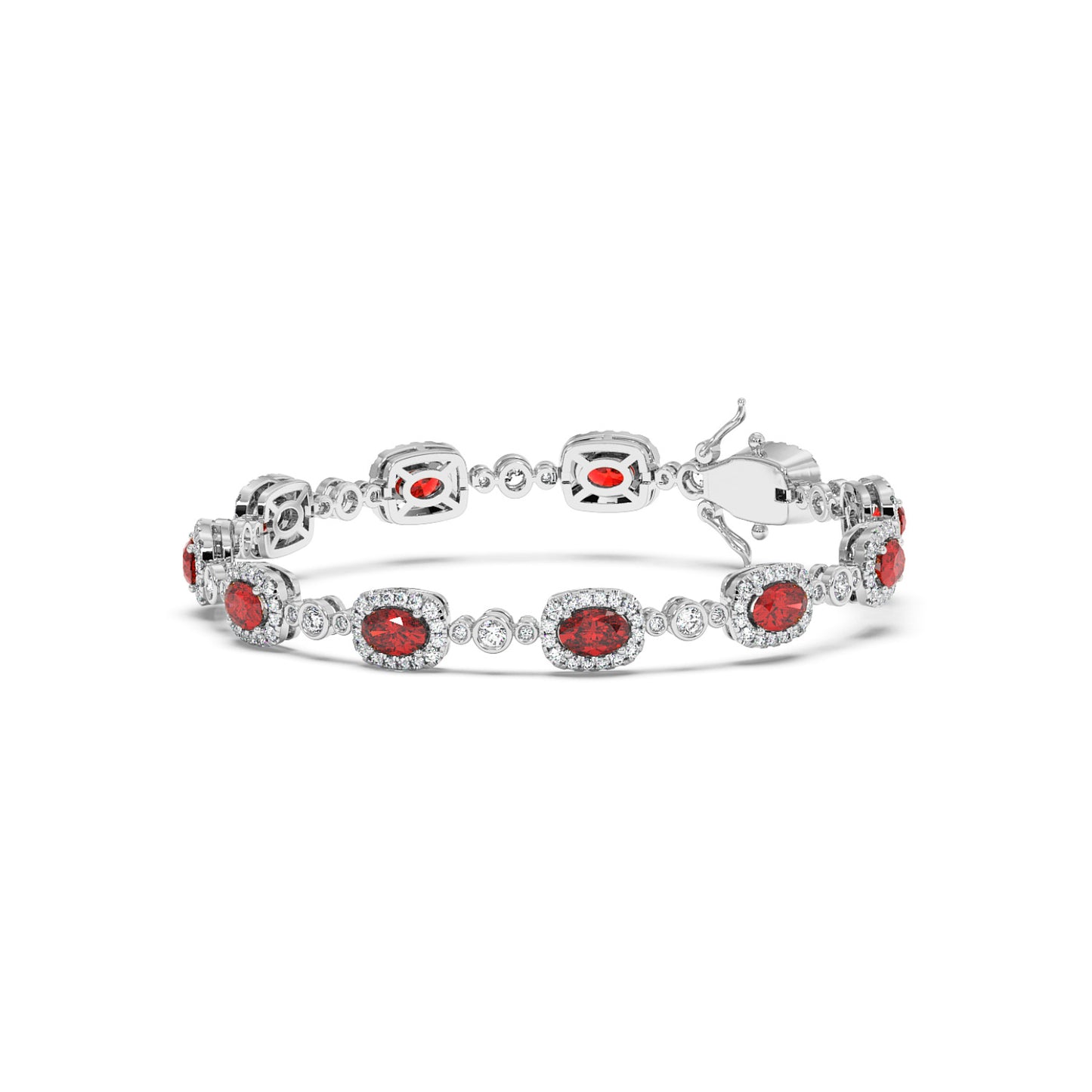 Elegant 14k white gold bracelet with oval ruby gemstones, each encircled by sparkling white stones.