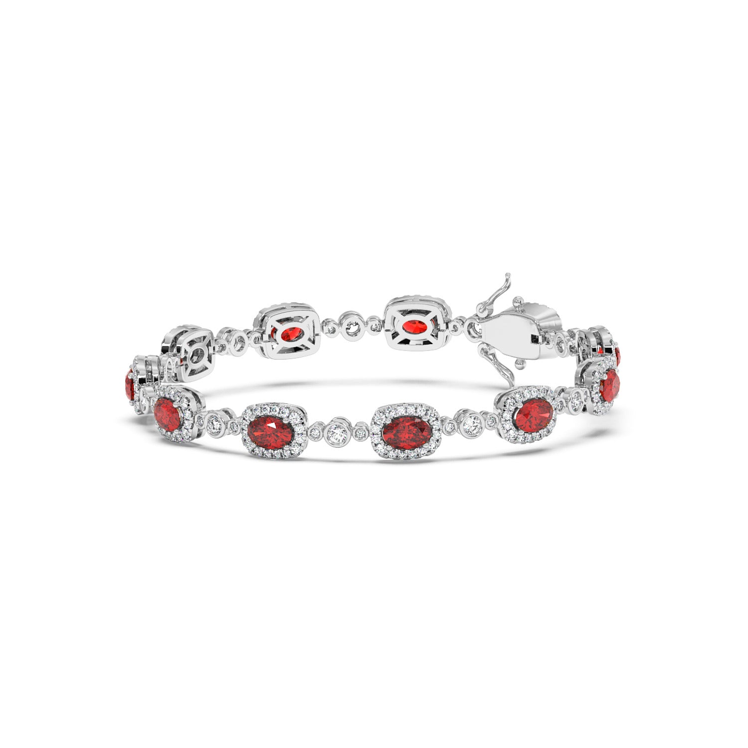 Elegant 14k white gold bracelet with oval ruby gemstones, each encircled by sparkling white stones.