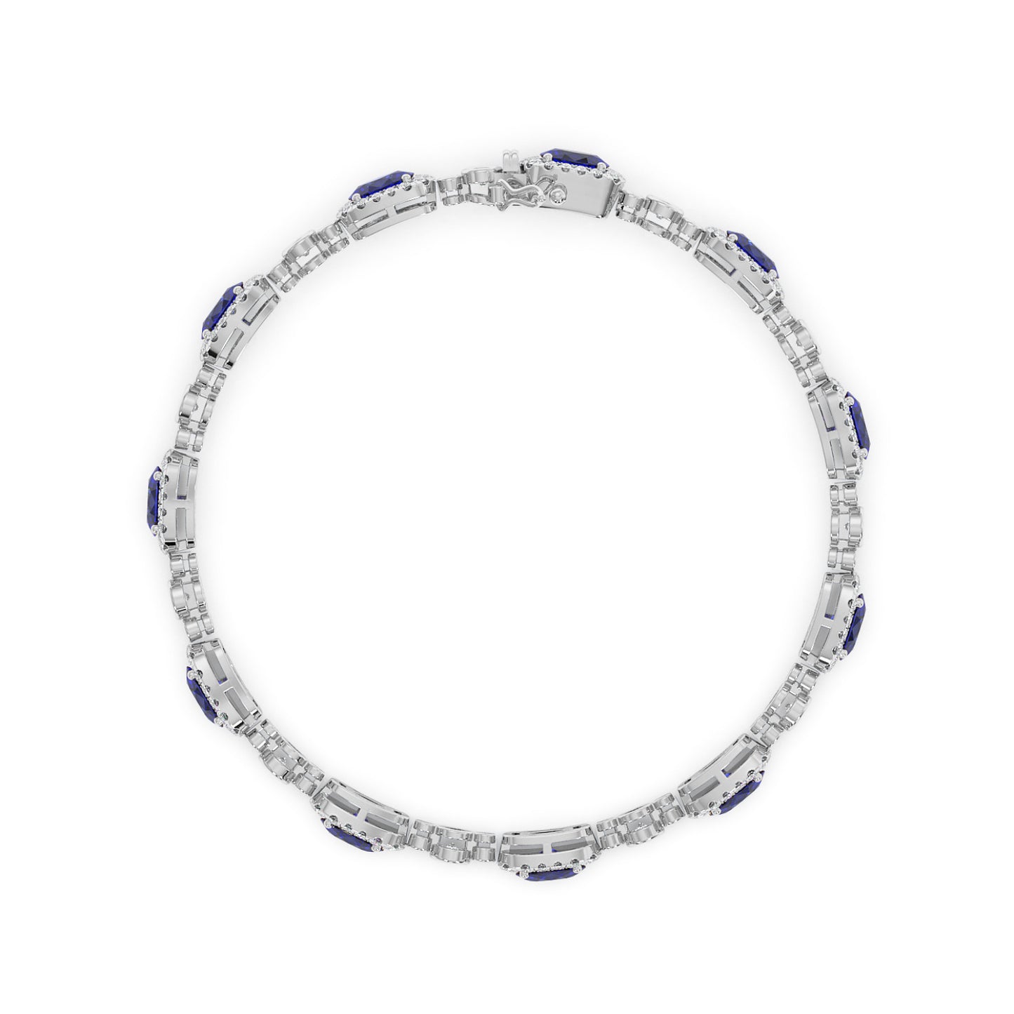 14k white gold bracelet with a sleek design and blue sapphire gemstone accents in a circular arrangement.