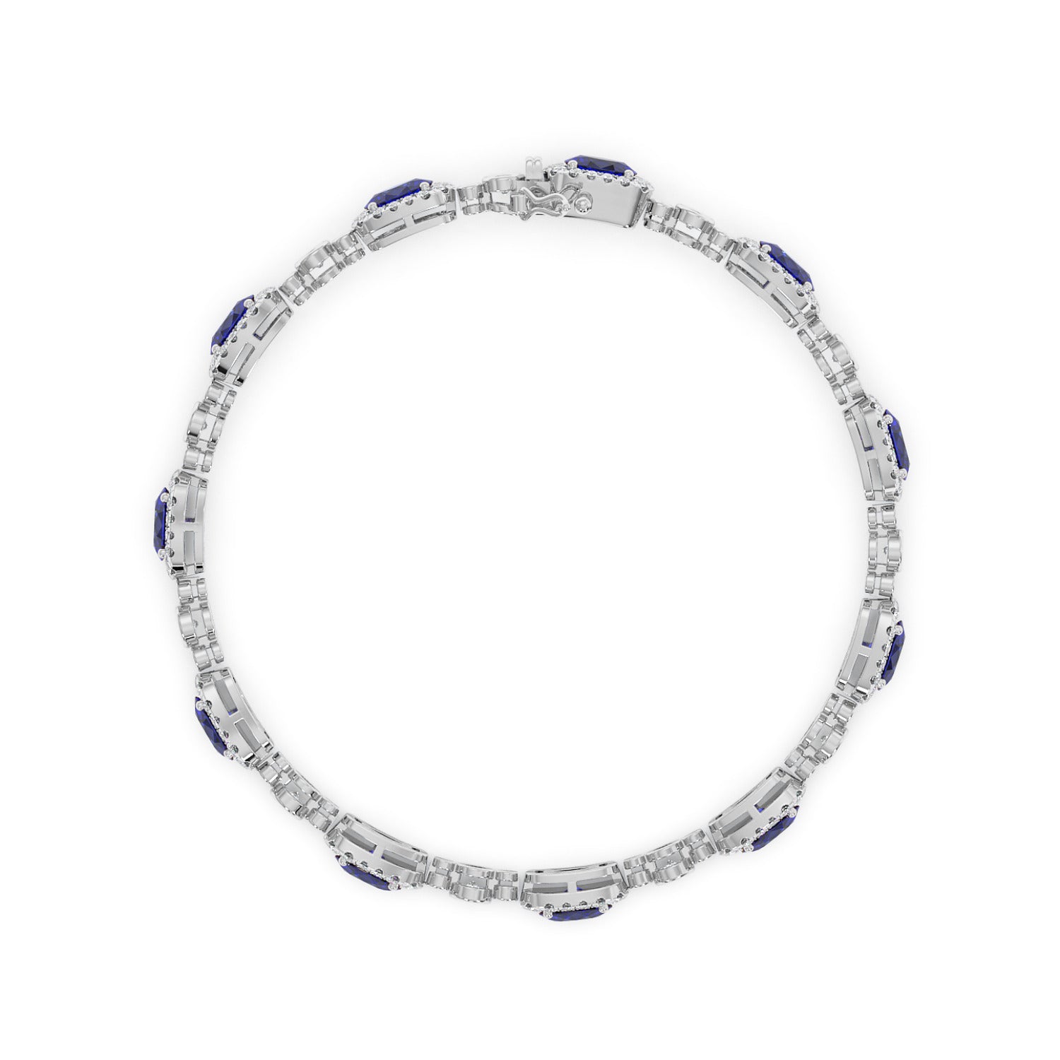 14k white gold bracelet with a sleek design and blue sapphire gemstone accents in a circular arrangement.