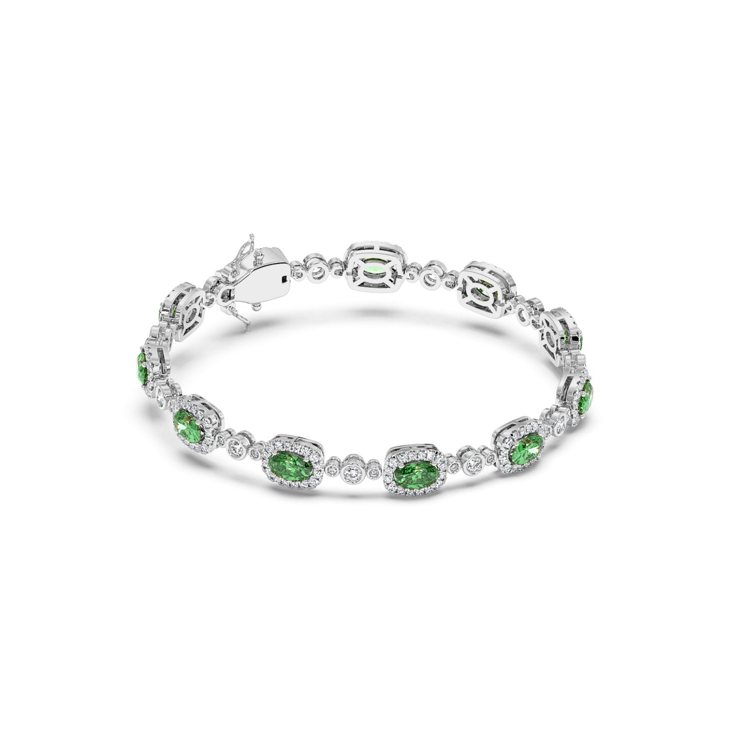 Elegant 14k white gold bracelet featuring alternating oval emerald gemstones and small circular diamonds.