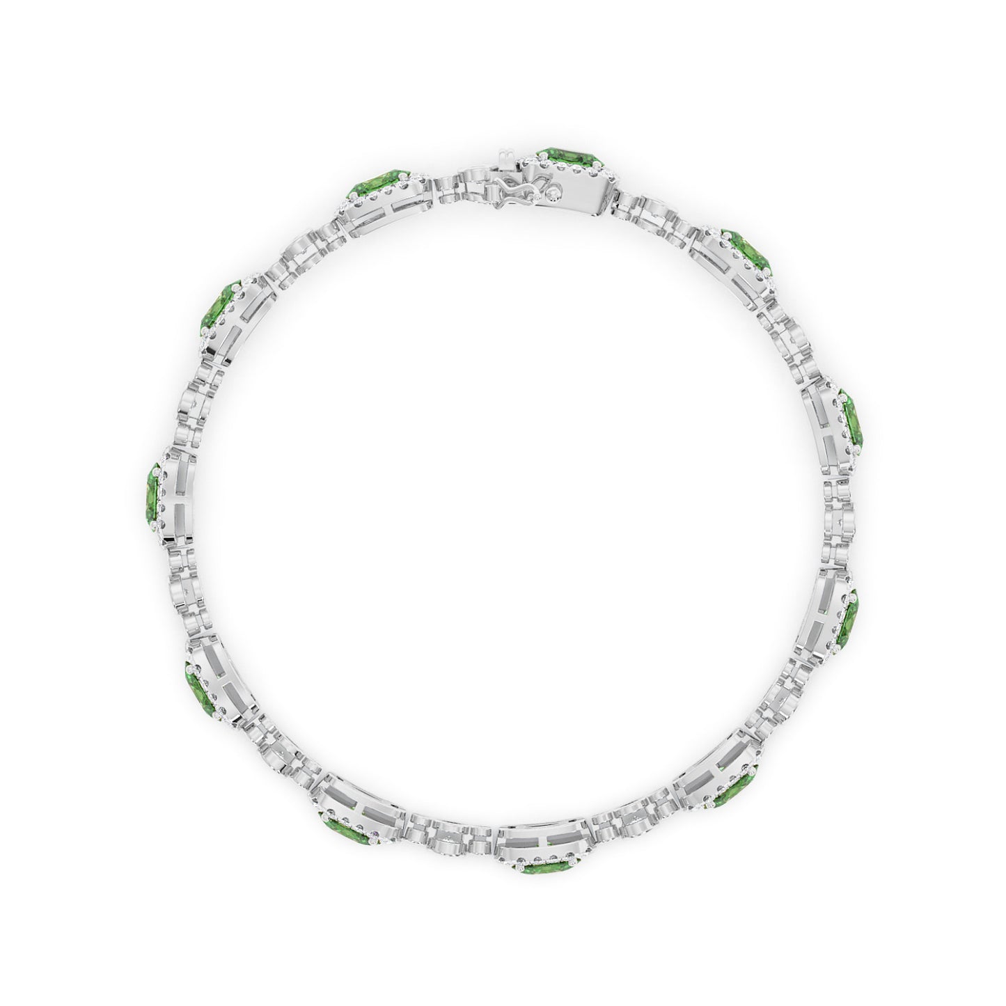 14k white gold circular bracelet with rectangular links, featuring small emerald gem accents in an elegant, minimalist design.